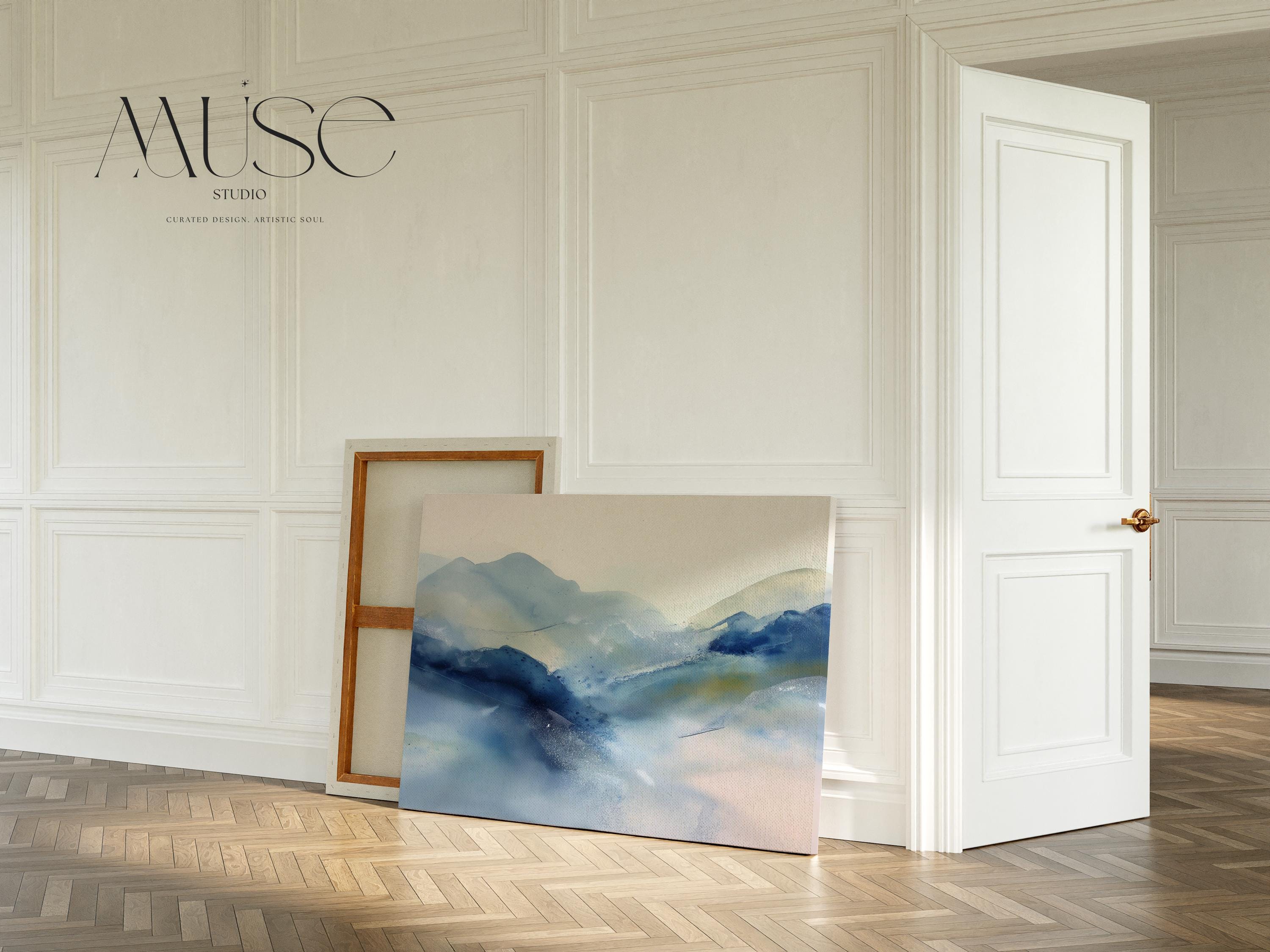 Large winter white and alpine blue abstract canvas with soft snowy tones. Minimalist winter wall art for ski lodges, winter homes, living rooms, or bedrooms. Winter Whites Collection by Muse Studio, MUSE 621.