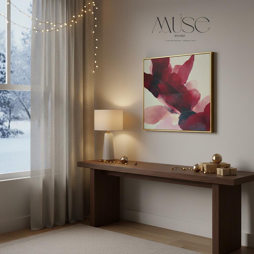 Square cranberry and blush abstract wall art with layered brushstrokes and soft winter tones, styled for cozy holiday decor, winter lodge interiors, and contemporary seasonal homes. Premium framed canvas wall art by Muse Studio.