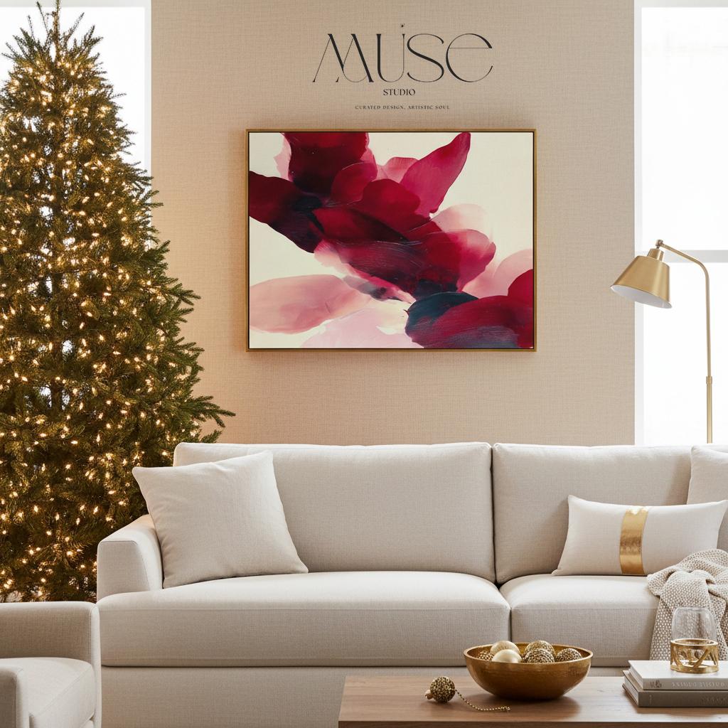 Square cranberry and blush abstract wall art with layered brushstrokes and soft winter tones, styled for cozy holiday decor, winter lodge interiors, and contemporary seasonal homes. Premium framed canvas wall art by Muse Studio.
