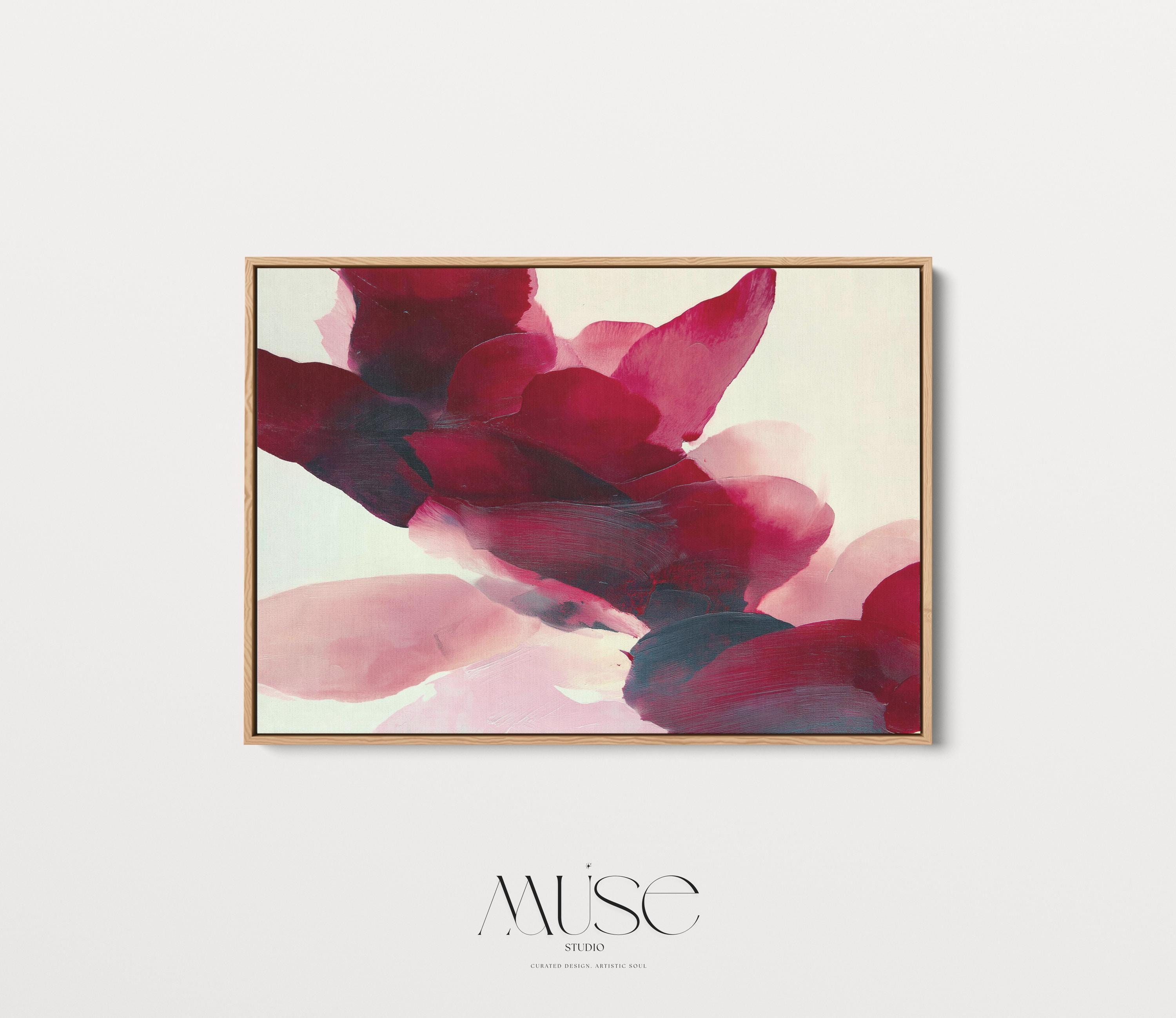 Square cranberry and blush abstract wall art with layered brushstrokes and soft winter tones, styled for cozy holiday decor, winter lodge interiors, and contemporary seasonal homes. Premium framed canvas wall art by Muse Studio.