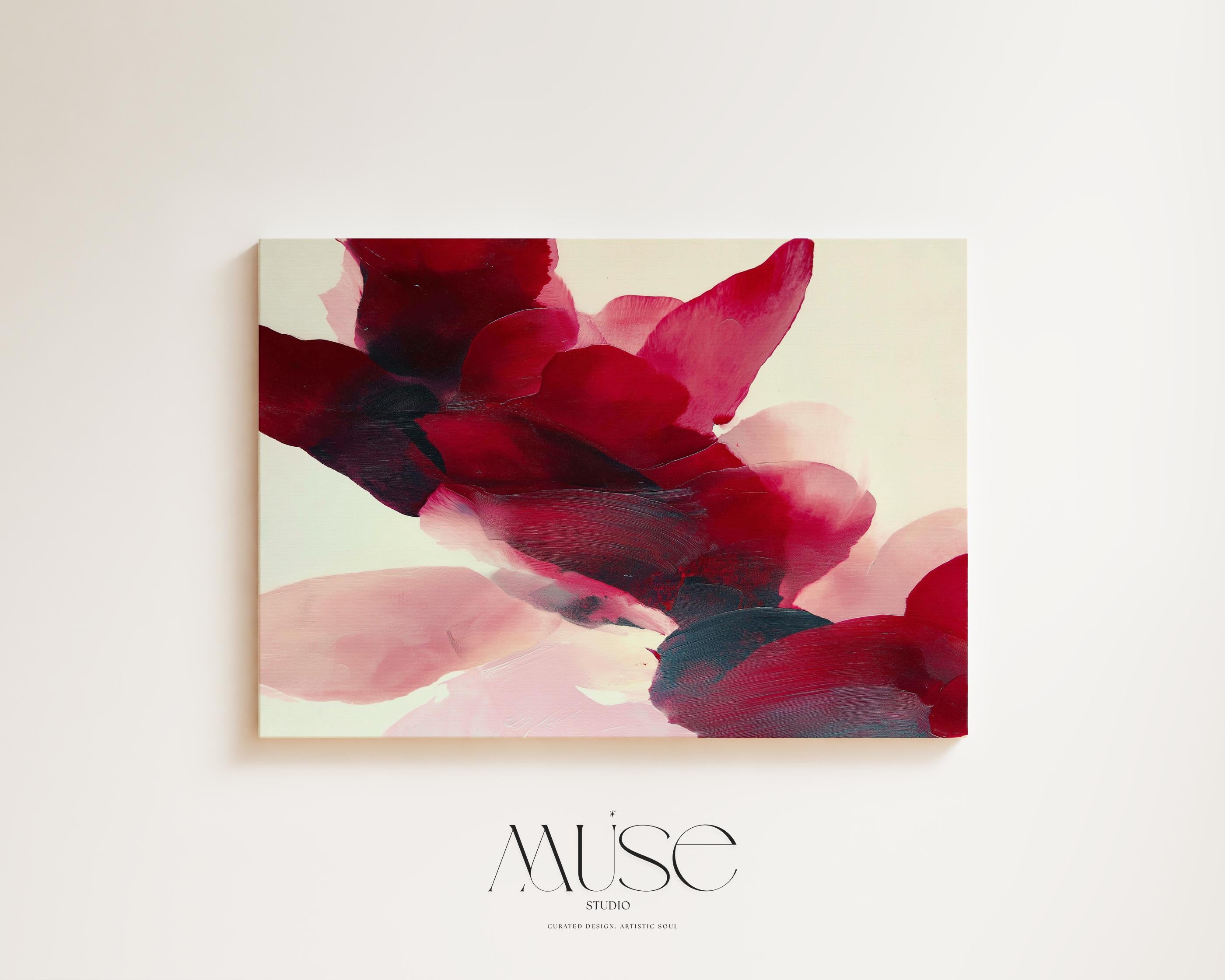Horizontal cranberry and blush abstract wall art on canvas with sweeping painterly forms and soft contemporary style. Large statement decor for living room, dining room, or bedroom. Gallery-grade canvas wall art by Muse Studio.