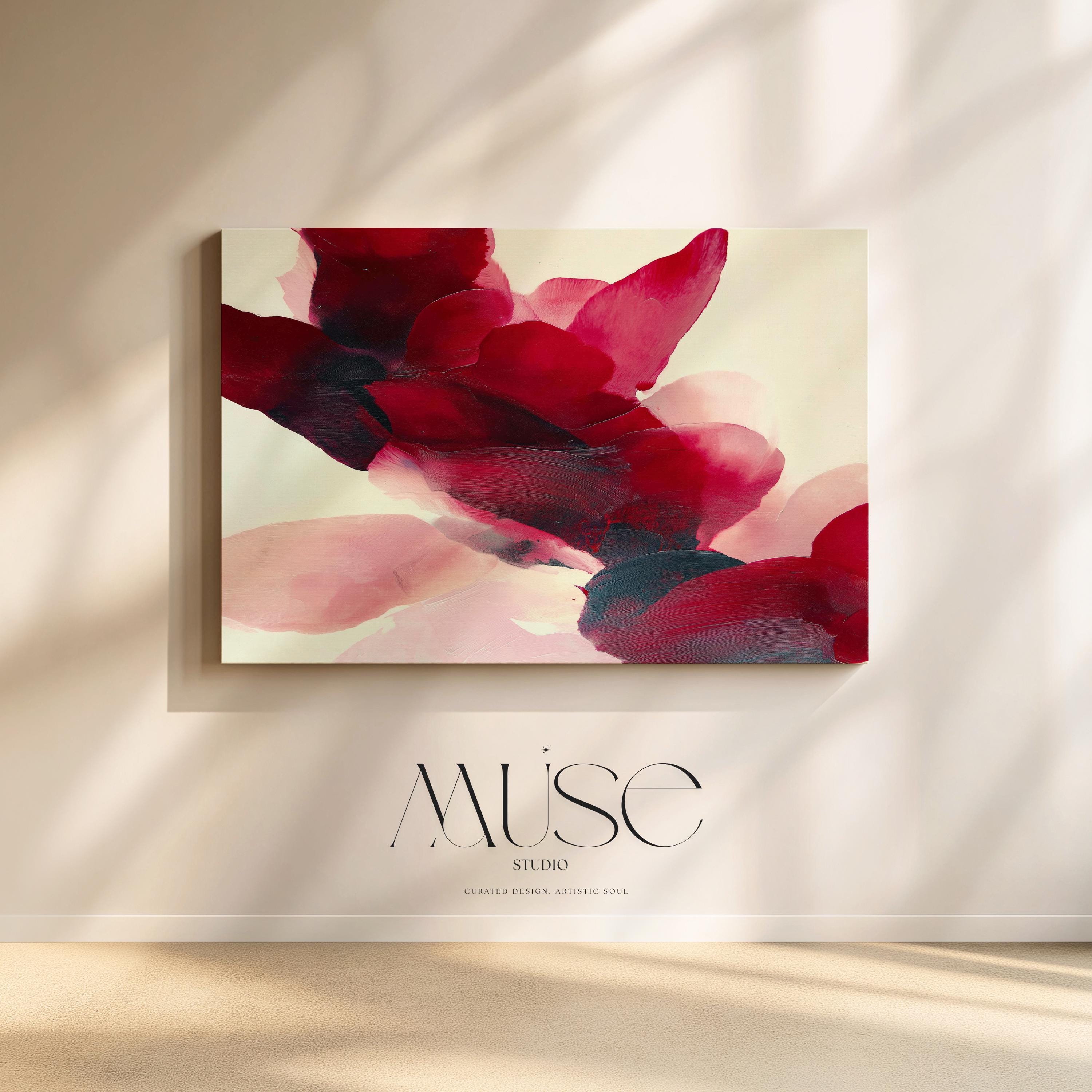 Horizontal cranberry and blush abstract wall art on canvas with sweeping painterly forms and soft contemporary style. Large statement decor for living room, dining room, or bedroom. Gallery-grade canvas wall art by Muse Studio.