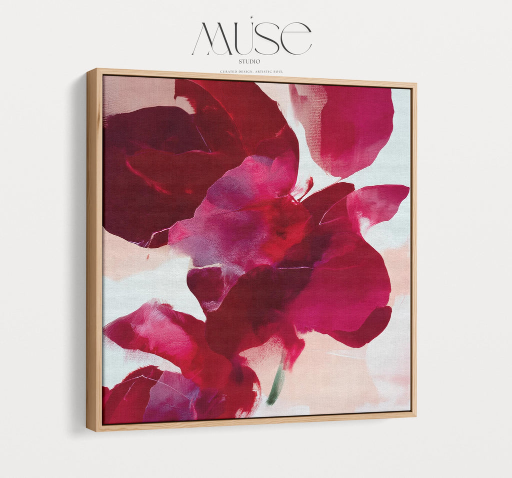 poinsettia-inspired abstract wall art in deep red, berry, and blush tones on framed canvas. Bold holiday color pop style with soft painterly texture. Ideal for Christmas entryway, dining room, or winter living room decor. Premium framed canvas artwork by Muse Studio.