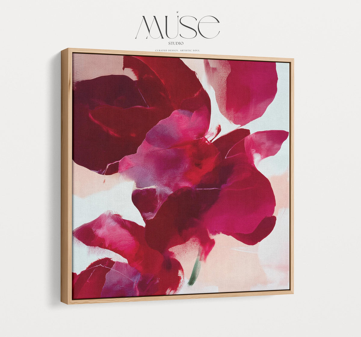 poinsettia-inspired abstract wall art in deep red, berry, and blush tones on framed canvas. Bold holiday color pop style with soft painterly texture. Ideal for Christmas entryway, dining room, or winter living room decor. Premium framed canvas artwork by Muse Studio.