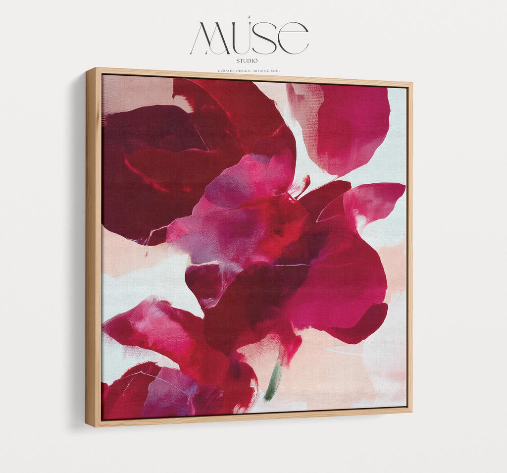 poinsettia-inspired abstract wall art in deep red, berry, and blush tones on framed canvas. Bold holiday color pop style with soft painterly texture. Ideal for Christmas entryway, dining room, or winter living room decor. Premium framed canvas artwork by Muse Studio.