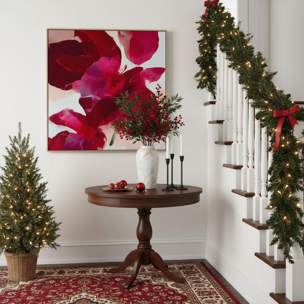 poinsettia-inspired abstract wall art in deep red, berry, and blush tones on framed canvas. Bold holiday color pop style with soft painterly texture. Ideal for Christmas entryway, dining room, or winter living room decor. Premium framed canvas artwork by Muse Studio.