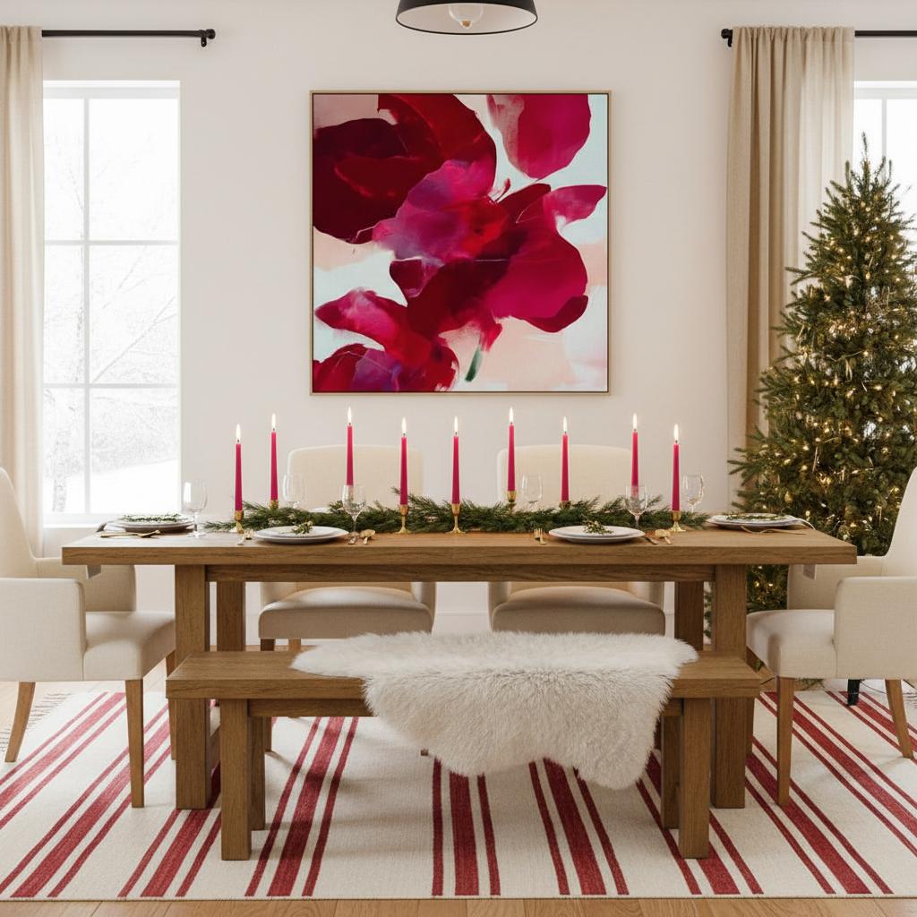 poinsettia-inspired abstract wall art in deep red, berry, and blush tones on framed canvas. Bold holiday color pop style with soft painterly texture. Ideal for Christmas entryway, dining room, or winter living room decor. Premium framed canvas artwork by Muse Studio.