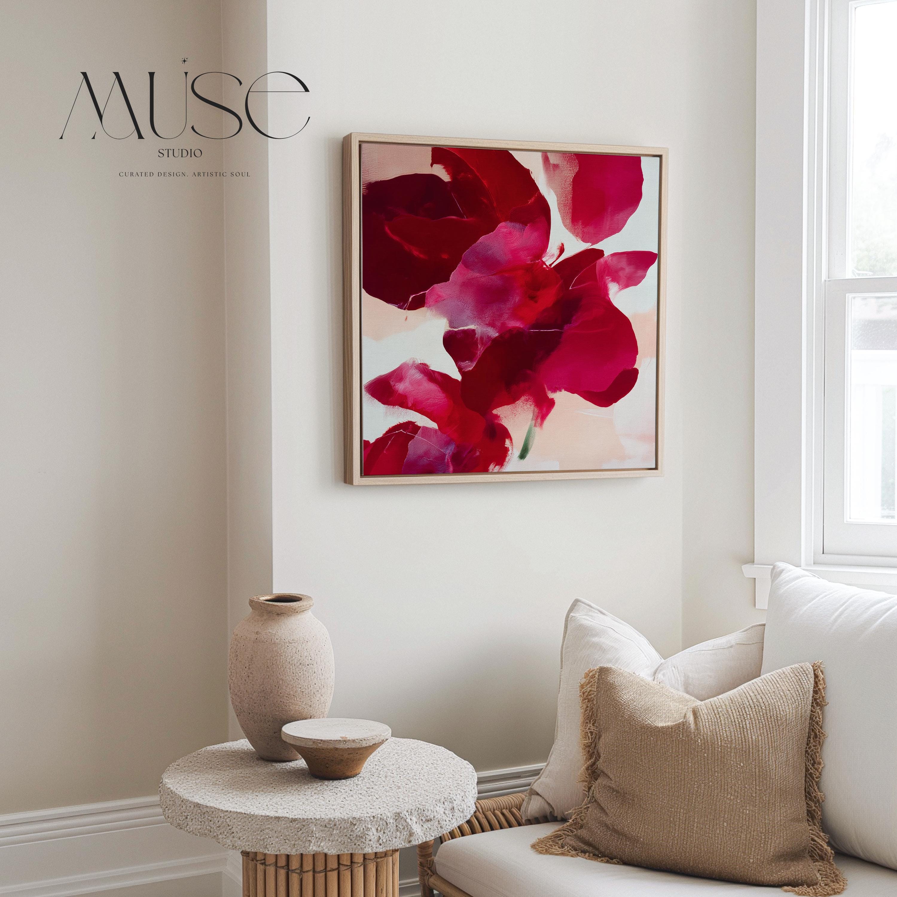 Abstract Wall Art Framed Canvas by Muse Studio • Poinsettia Holiday Painting • Color Pop Seasonal • Large Vertical Decor • Poinsettia 614