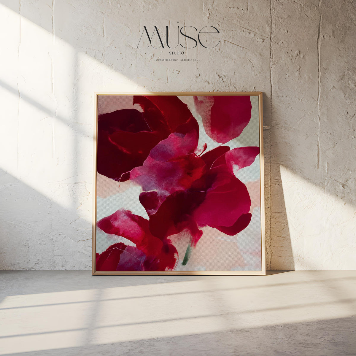 poinsettia-inspired abstract wall art in deep red, berry, and blush tones on framed canvas. Bold holiday color pop style with soft painterly texture. Ideal for Christmas entryway, dining room, or winter living room decor. Premium framed canvas artwork by Muse Studio.