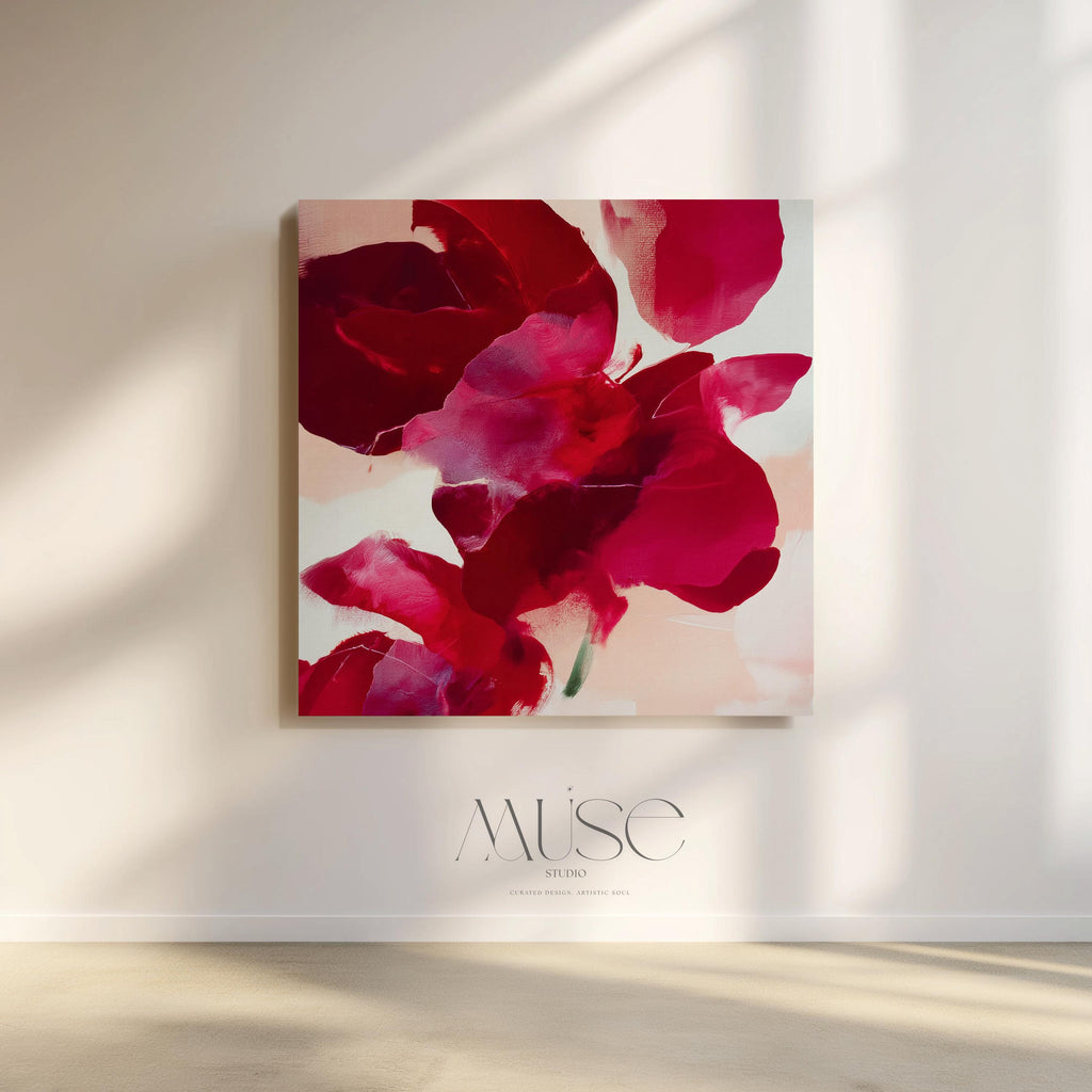 Square abstract holiday canvas featuring deep crimson, berry, and blush painterly petals with soft blended edges. Color-pop seasonal wall art in a warm minimalist style, ideal for Christmas living rooms, winter bedrooms, or festive entryways. Premium gallery-wrapped canvas by Muse Studio.