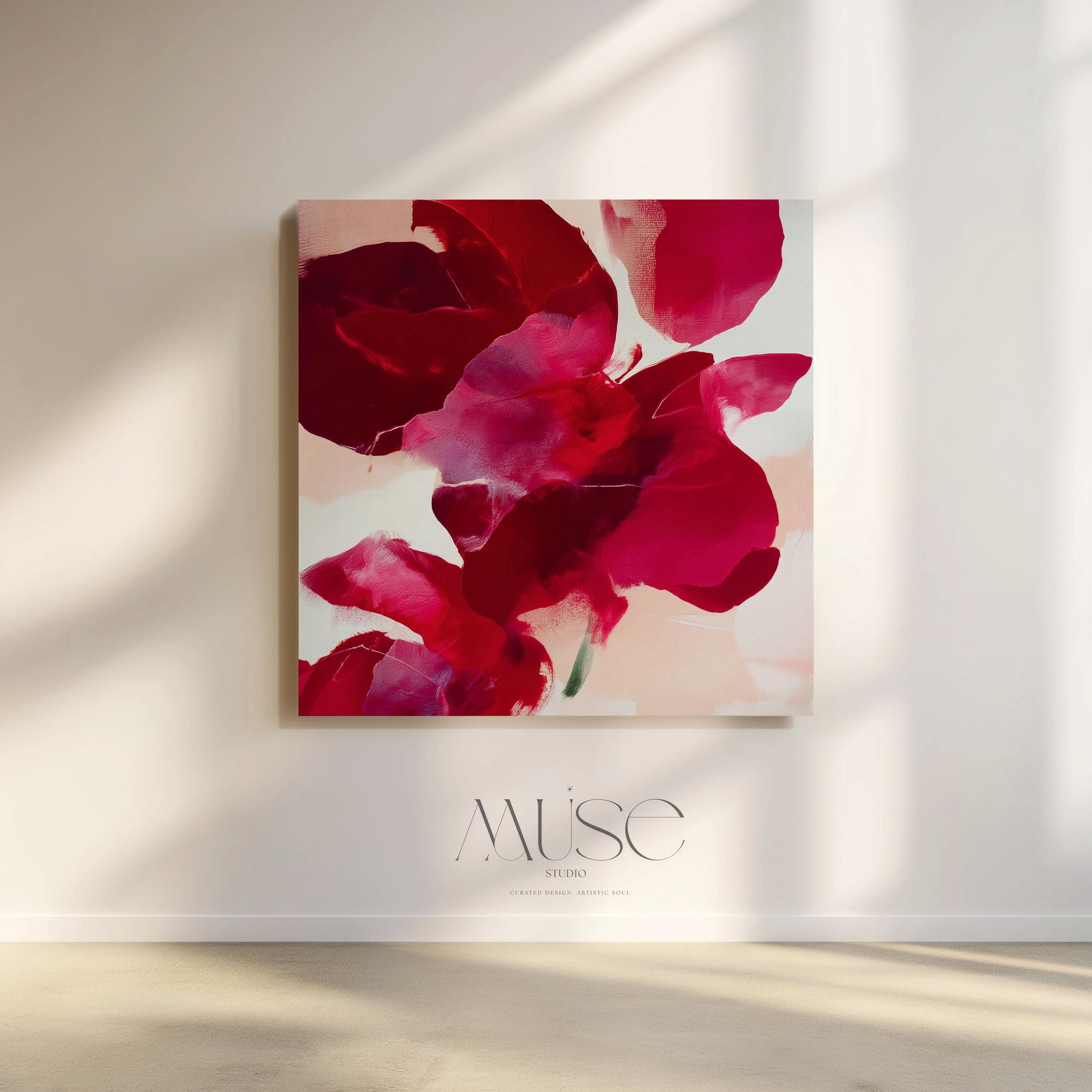 Square abstract holiday canvas featuring deep crimson, berry, and blush painterly petals with soft blended edges. Color-pop seasonal wall art in a warm minimalist style, ideal for Christmas living rooms, winter bedrooms, or festive entryways. Premium gallery-wrapped canvas by Muse Studio.
