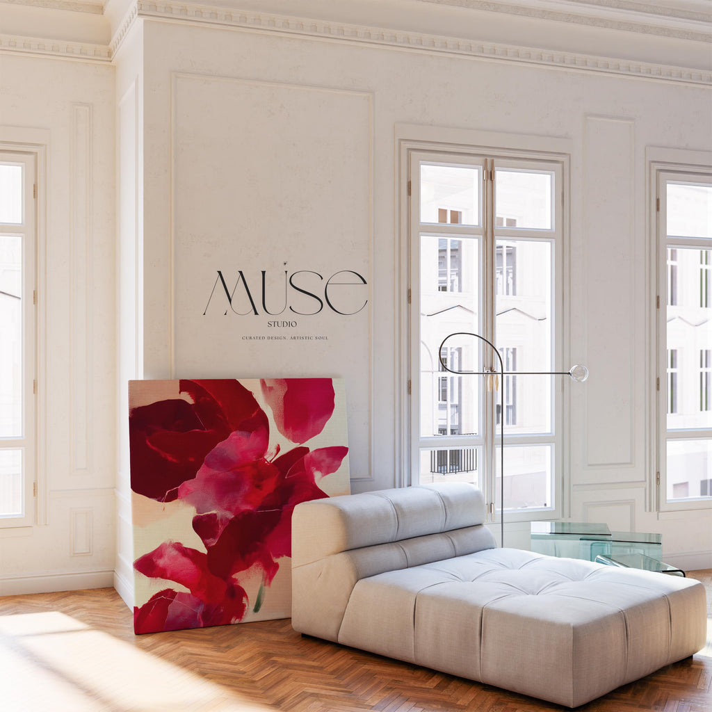 Square abstract holiday canvas featuring deep crimson, berry, and blush painterly petals with soft blended edges. Color-pop seasonal wall art in a warm minimalist style, ideal for Christmas living rooms, winter bedrooms, or festive entryways. Premium gallery-wrapped canvas by Muse Studio.