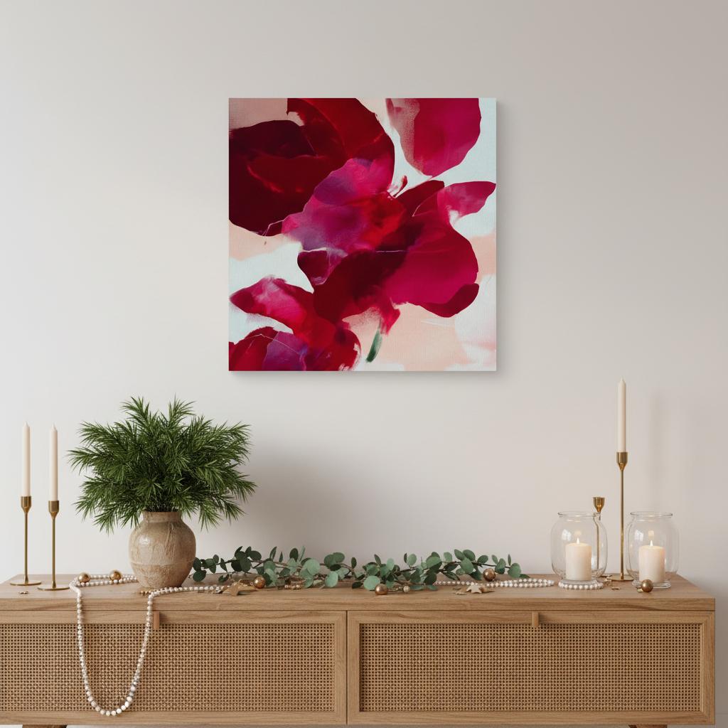 Square abstract holiday canvas featuring deep crimson, berry, and blush painterly petals with soft blended edges. Color-pop seasonal wall art in a warm minimalist style, ideal for Christmas living rooms, winter bedrooms, or festive entryways. Premium gallery-wrapped canvas by Muse Studio.