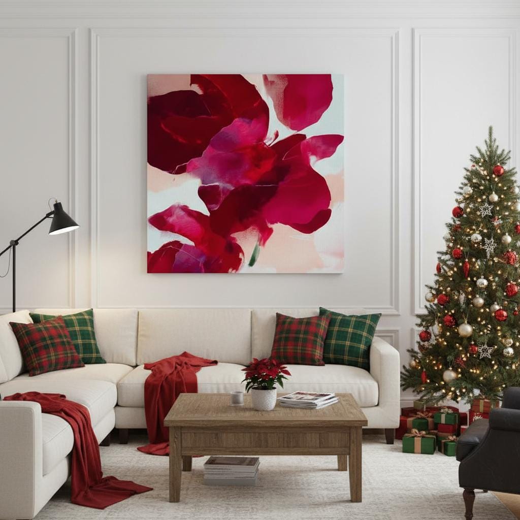 Square abstract holiday canvas featuring deep crimson, berry, and blush painterly petals with soft blended edges. Color-pop seasonal wall art in a warm minimalist style, ideal for Christmas living rooms, winter bedrooms, or festive entryways. Premium gallery-wrapped canvas by Muse Studio.