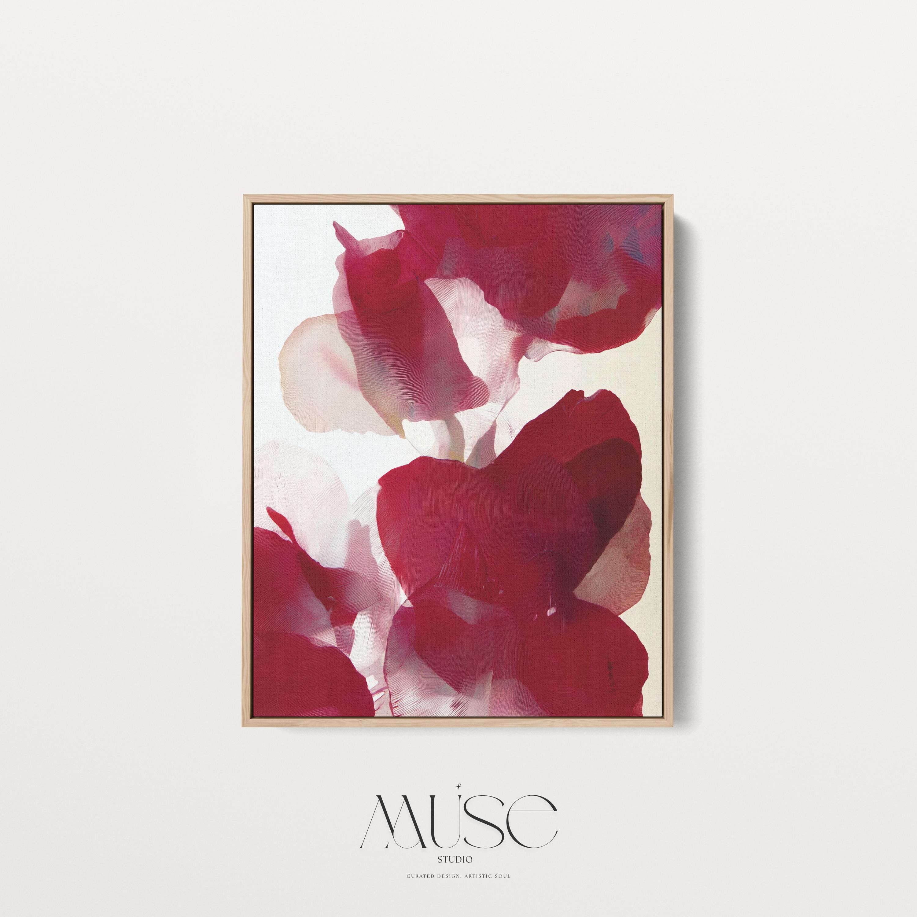 Vertical abstract red and blush floral canvas with rich poinsettia-inspired tones and soft blended petals. Modern holiday wall art in a warm minimalist, color-pop seasonal style—ideal for Christmas living rooms, dining rooms, or festive entryways. Premium gallery-wrapped canvas by Muse Studio.