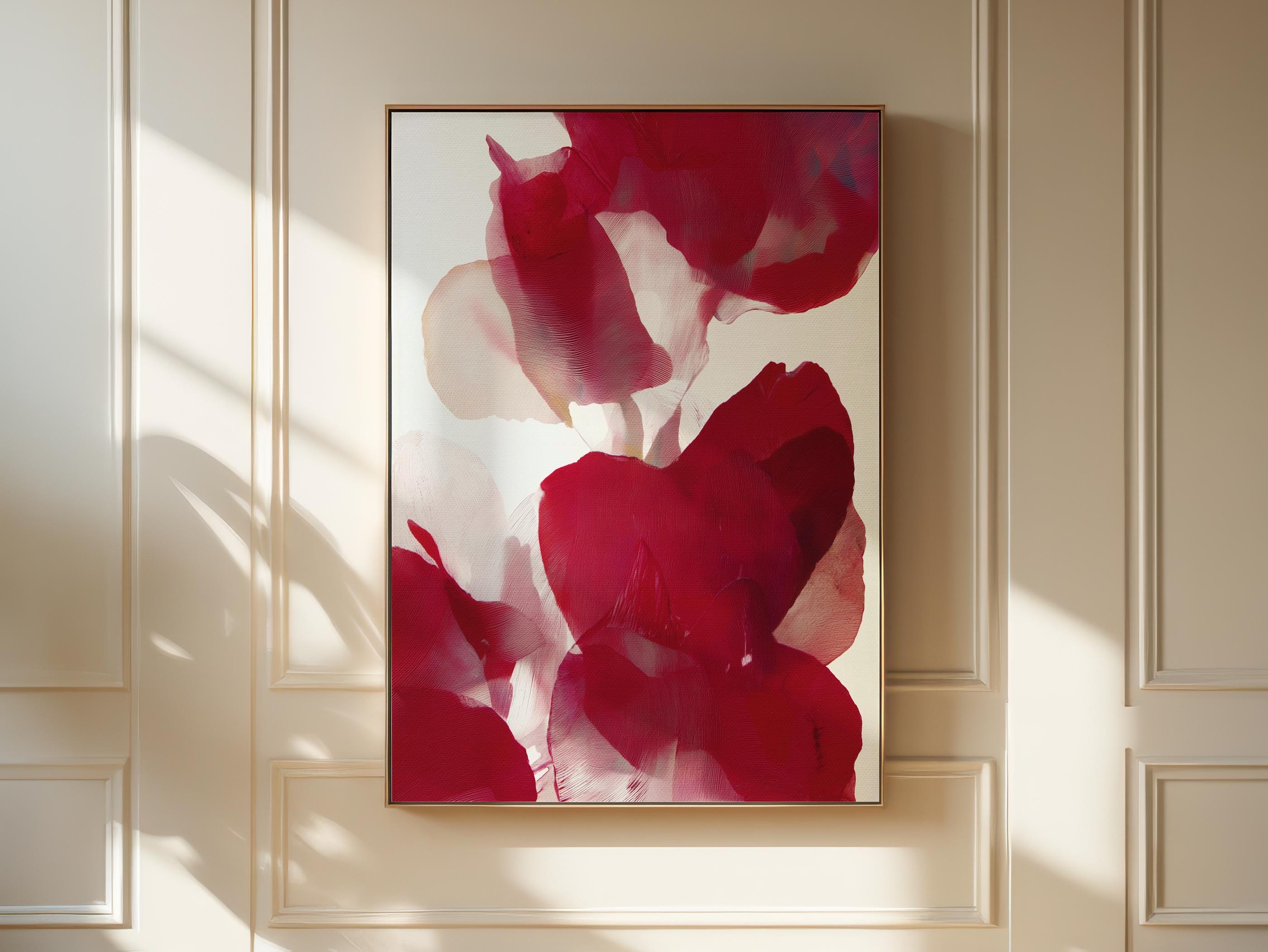 Vertical abstract red and blush floral canvas with rich poinsettia-inspired tones and soft blended petals. Modern holiday wall art in a warm minimalist, color-pop seasonal style—ideal for Christmas living rooms, dining rooms, or festive entryways. Premium gallery-wrapped canvas by Muse Studio.