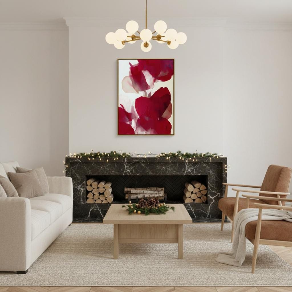 Vertical abstract red and blush floral canvas with rich poinsettia-inspired tones and soft blended petals. Modern holiday wall art in a warm minimalist, color-pop seasonal style—ideal for Christmas living rooms, dining rooms, or festive entryways. Premium gallery-wrapped canvas by Muse Studio.