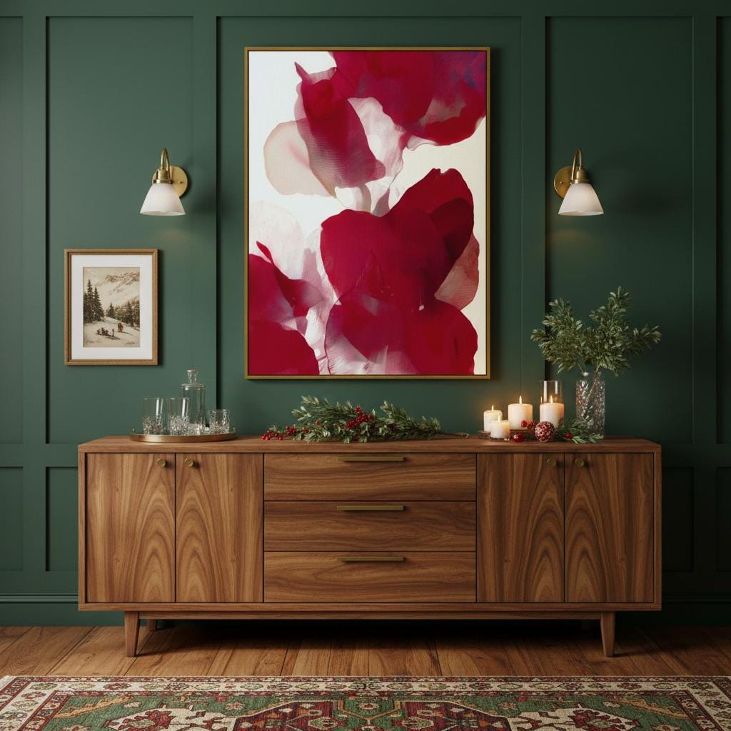 Vertical abstract red and blush floral canvas with rich poinsettia-inspired tones and soft blended petals. Modern holiday wall art in a warm minimalist, color-pop seasonal style—ideal for Christmas living rooms, dining rooms, or festive entryways. Premium gallery-wrapped canvas by Muse Studio.