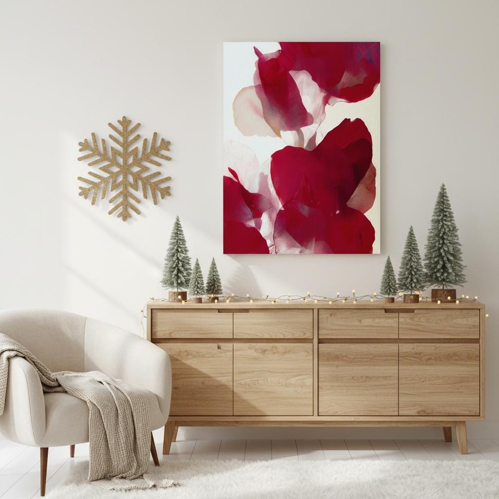 Vertical abstract canvas featuring layered crimson, berry red, and blush floral forms with soft painterly textures. Modern holiday wall art in a warm minimalist, color-pop style—ideal for Christmas entryways, seasonal dining rooms, or cozy winter homes. Gallery-wrapped canvas by Muse Studio