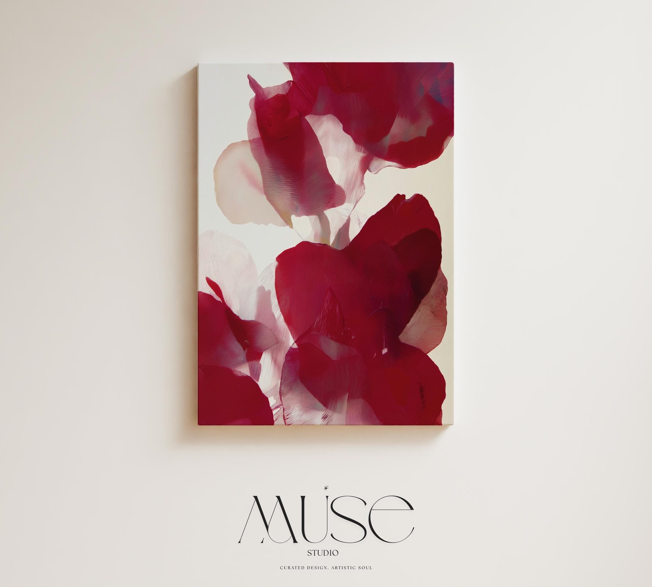 Vertical abstract canvas featuring layered crimson, berry red, and blush floral forms with soft painterly textures. Modern holiday wall art in a warm minimalist, color-pop style—ideal for Christmas entryways, seasonal dining rooms, or cozy winter homes. Gallery-wrapped canvas by Muse Studio