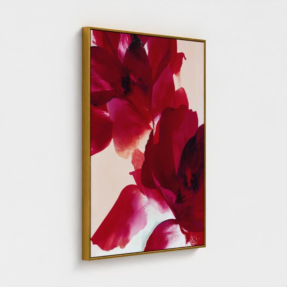Vertical abstract canvas featuring deep crimson, berry red, and soft blush floral forms with expressive painterly texture. Modern holiday wall art in a warm minimalist, color-pop style—ideal for festive dining rooms, Christmas entryways, or cozy winter homes. Gallery-wrapped canvas by Muse Studio.