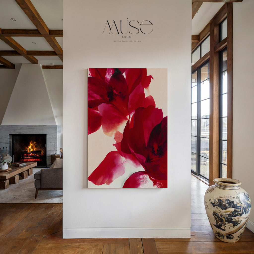 Vertical cranberry and red abstract floral canvas wall art in a holiday minimalist contemporary style, ideal for living room or dining room winter decor; gallery-wrapped canvas by Muse Studio.