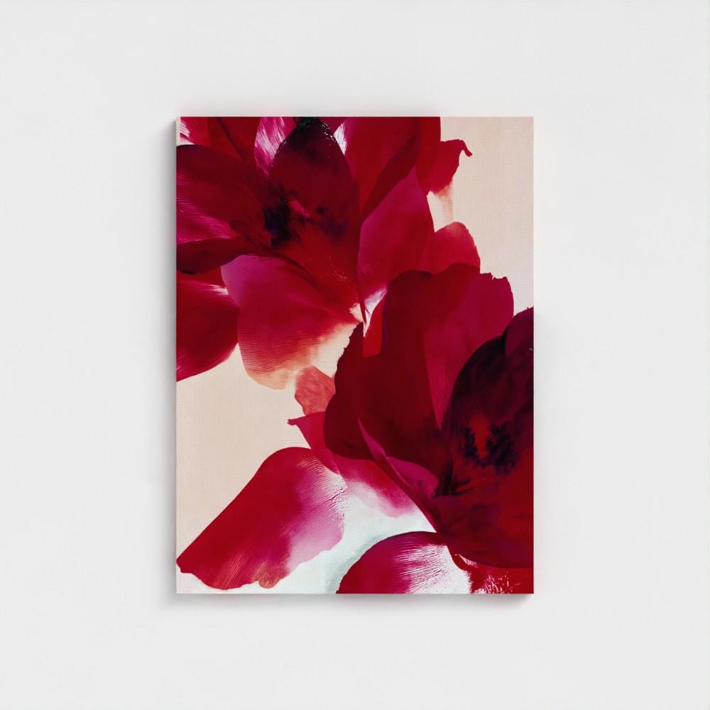 Vertical cranberry and red abstract floral canvas wall art in a holiday minimalist contemporary style, ideal for living room or dining room winter decor; gallery-wrapped canvas by Muse Studio.