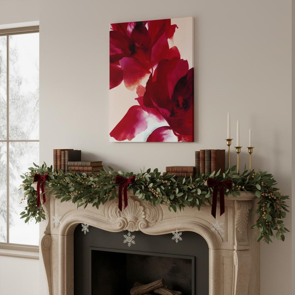 Vertical cranberry and red abstract floral canvas wall art in a holiday minimalist contemporary style, ideal for living room or dining room winter decor; gallery-wrapped canvas by Muse Studio.