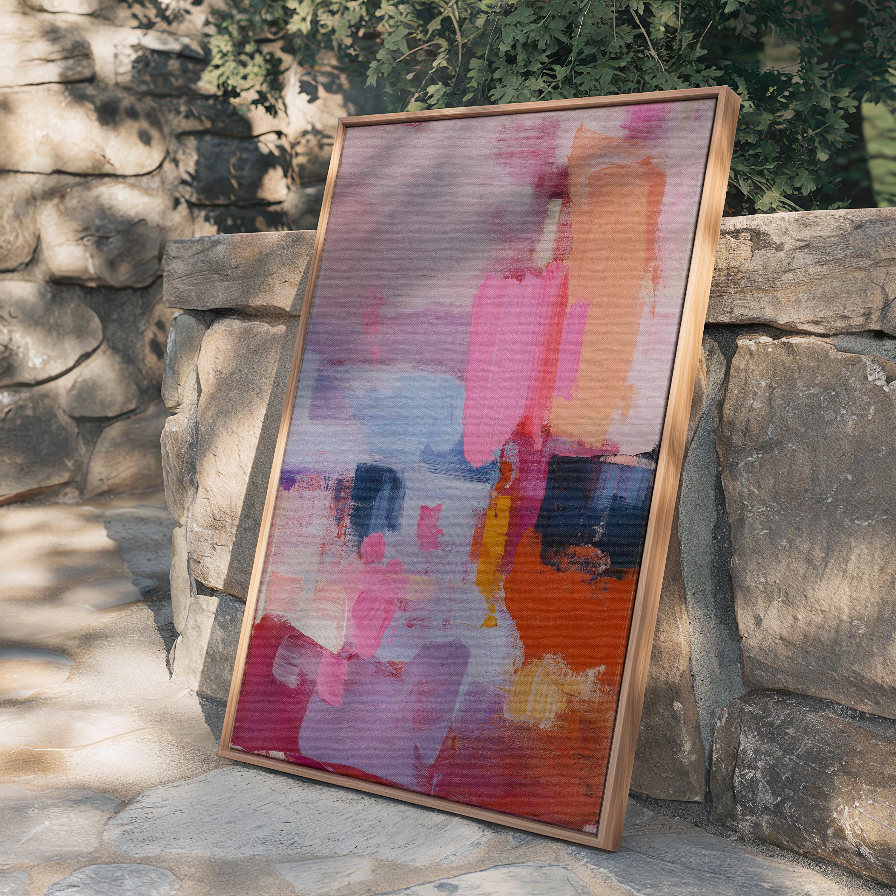 Vertical abstract canvas wall art in pink, coral, lilac, and navy tones with a preppy soft art style, ideal for living room or bedroom decor; gallery-wrapped canvas by Muse Studio.