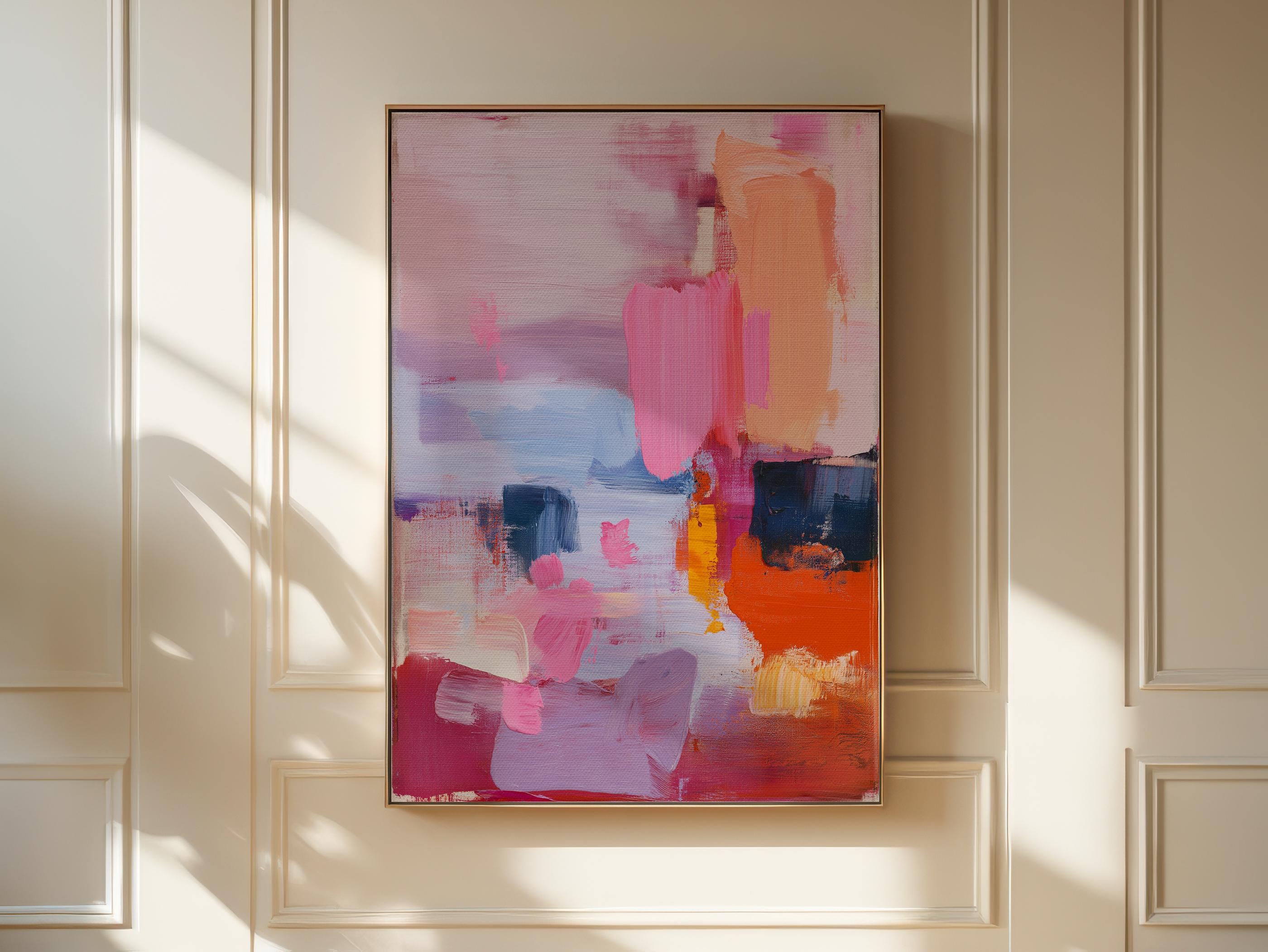 Vertical abstract canvas wall art in pink, coral, lilac, and navy tones with a preppy soft art style, ideal for living room or bedroom decor; gallery-wrapped canvas by Muse Studio.