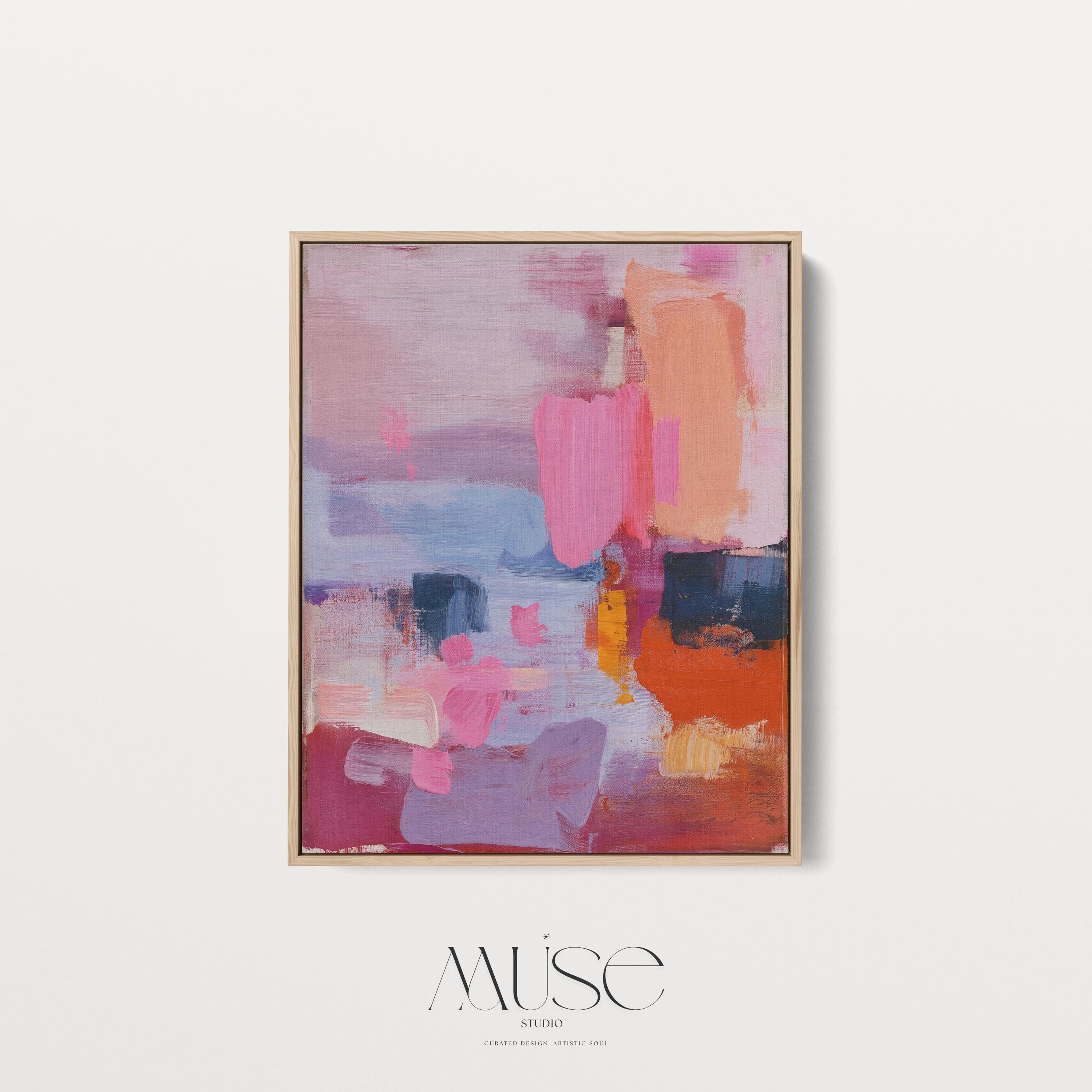 Vertical abstract canvas wall art in pink, coral, lilac, and navy tones with a preppy soft art style, ideal for living room or bedroom decor; gallery-wrapped canvas by Muse Studio.