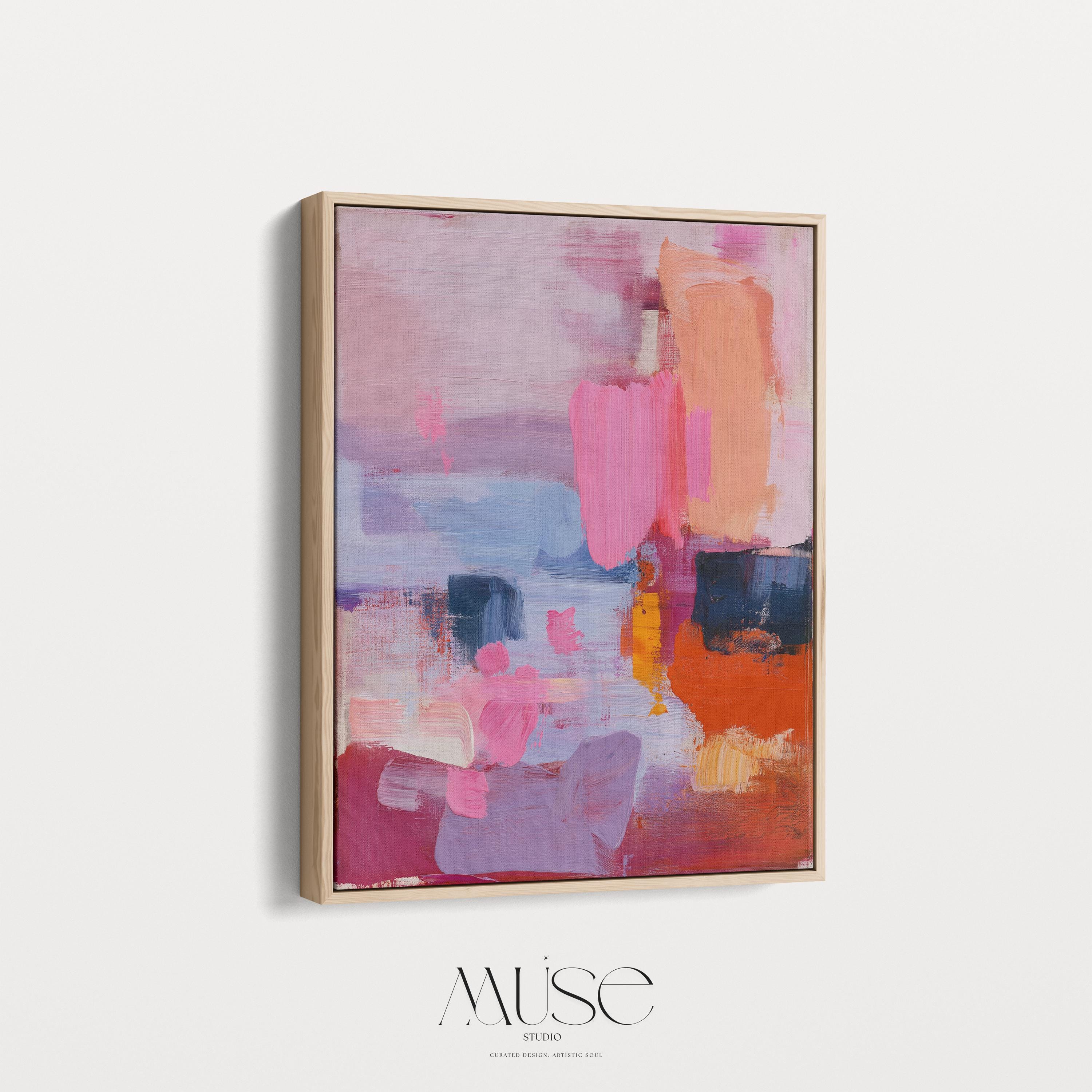 Vertical abstract canvas wall art in pink, coral, lilac, and navy tones with a preppy soft art style, ideal for living room or bedroom decor; gallery-wrapped canvas by Muse Studio.