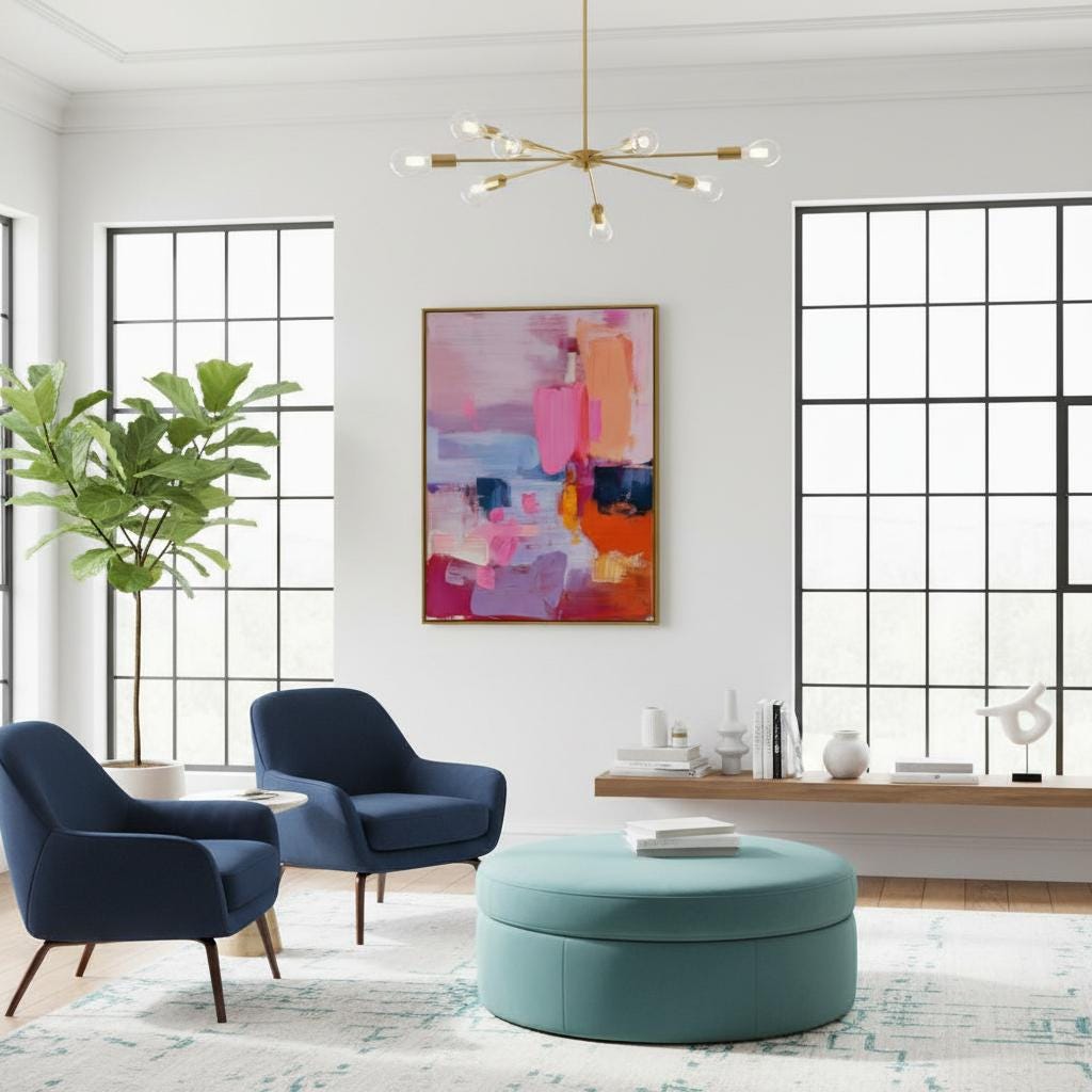 Vertical abstract canvas wall art in pink, coral, lilac, and navy tones with a preppy soft art style, ideal for living room or bedroom decor; gallery-wrapped canvas by Muse Studio.