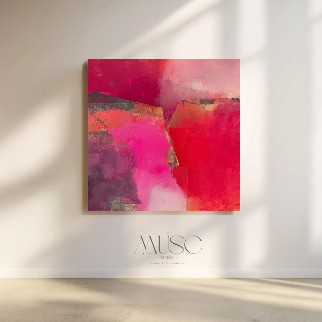Square abstract wall art in vivid berry, crimson, and fuchsia tones with layered brush texture; ideal for winter living rooms, holiday dining rooms, or boutique contemporary interiors; gallery-wrapped canvas by Muse Studio.