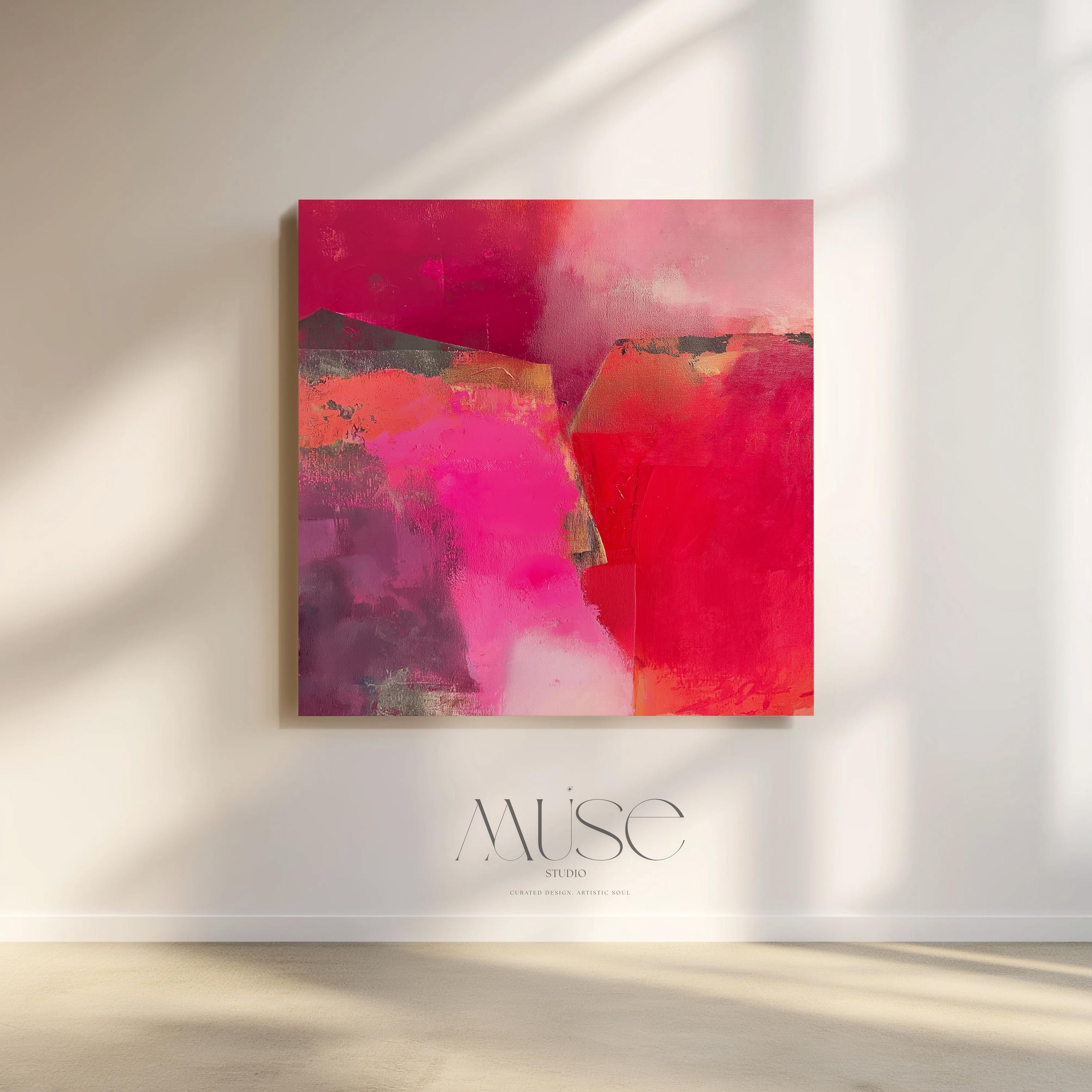 Square abstract wall art in vivid berry, crimson, and fuchsia tones with layered brush texture; ideal for winter living rooms, holiday dining rooms, or boutique contemporary interiors; gallery-wrapped canvas by Muse Studio.