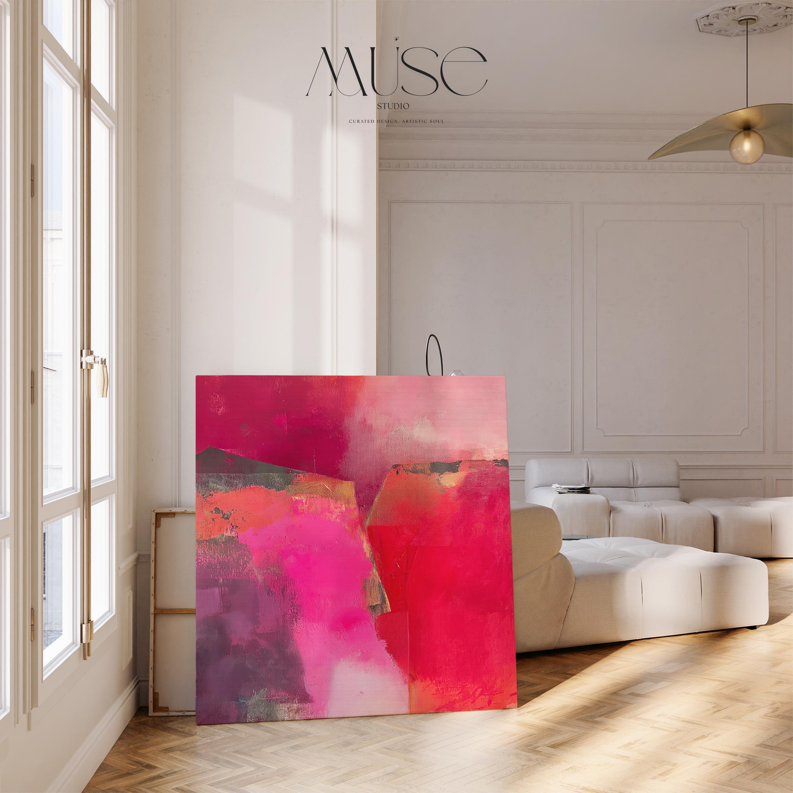 Square abstract wall art in vivid berry, crimson, and fuchsia tones with layered brush texture; ideal for winter living rooms, holiday dining rooms, or boutique contemporary interiors; gallery-wrapped canvas by Muse Studio.