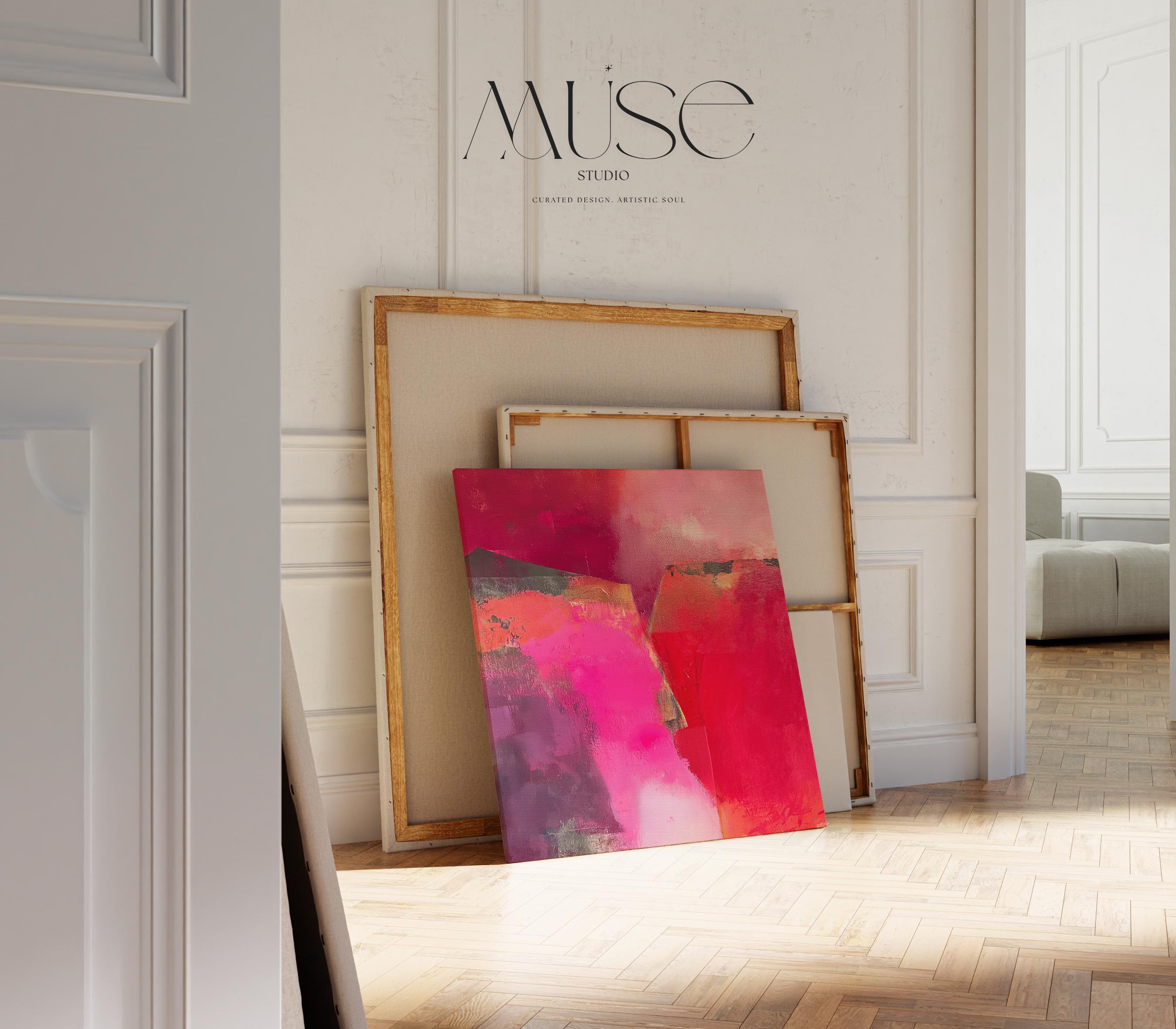 Square abstract wall art in vivid berry, crimson, and fuchsia tones with layered brush texture; ideal for winter living rooms, holiday dining rooms, or boutique contemporary interiors; gallery-wrapped canvas by Muse Studio.