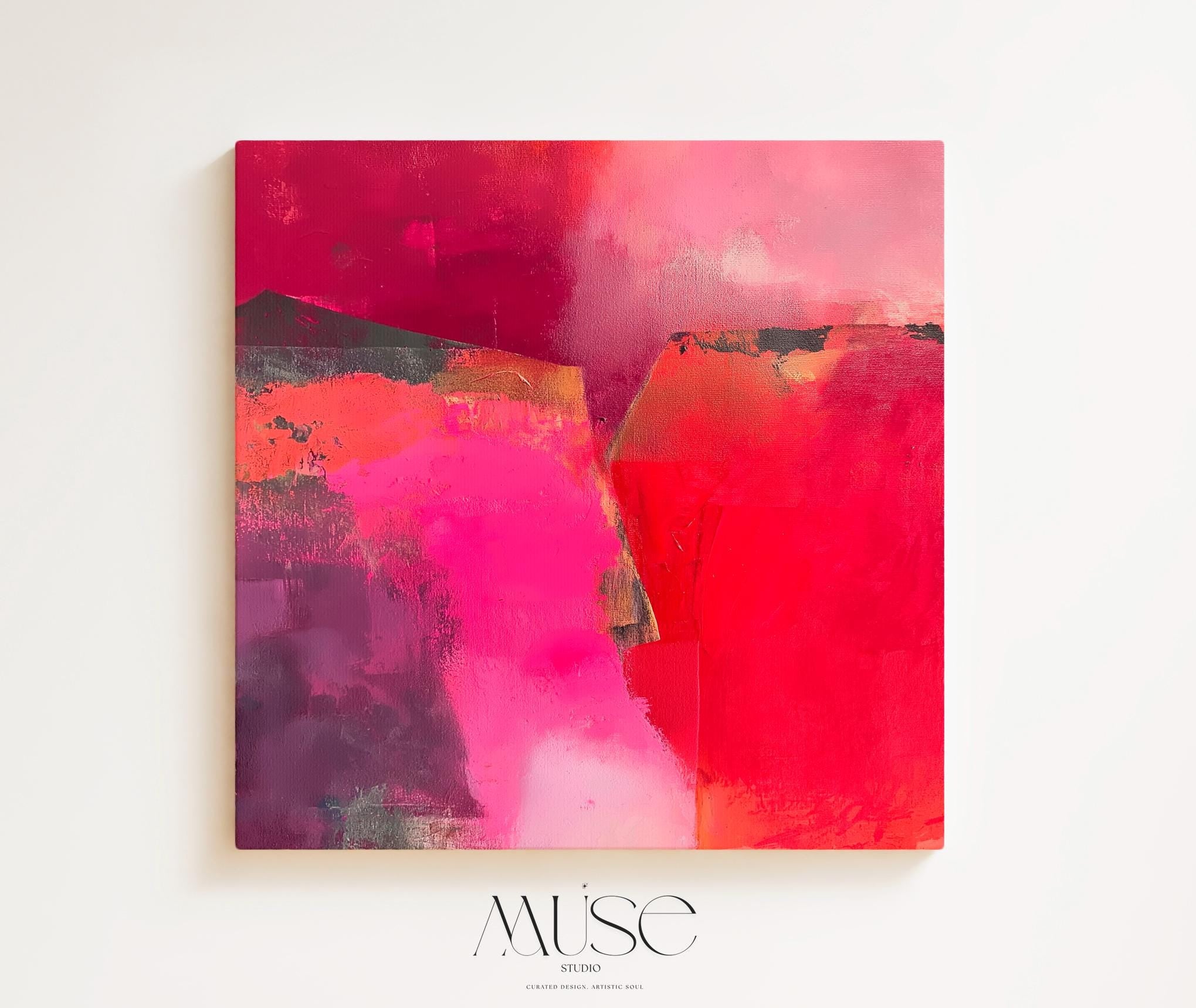 Square abstract wall art in vivid berry, crimson, and fuchsia tones with layered brush texture; ideal for winter living rooms, holiday dining rooms, or boutique contemporary interiors; gallery-wrapped canvas by Muse Studio.