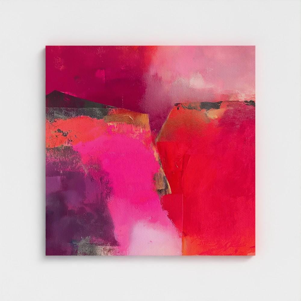 Square abstract wall art in vivid berry, crimson, and fuchsia tones with layered brush texture; ideal for winter living rooms, holiday dining rooms, or boutique contemporary interiors; gallery-wrapped canvas by Muse Studio.
