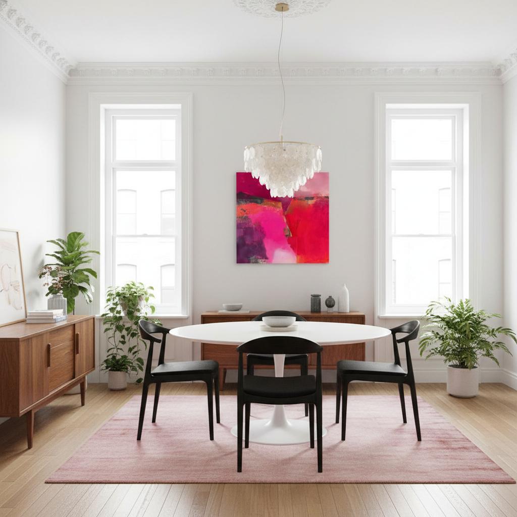 Square abstract wall art in vivid berry, crimson, and fuchsia tones with layered brush texture; ideal for winter living rooms, holiday dining rooms, or boutique contemporary interiors; gallery-wrapped canvas by Muse Studio.