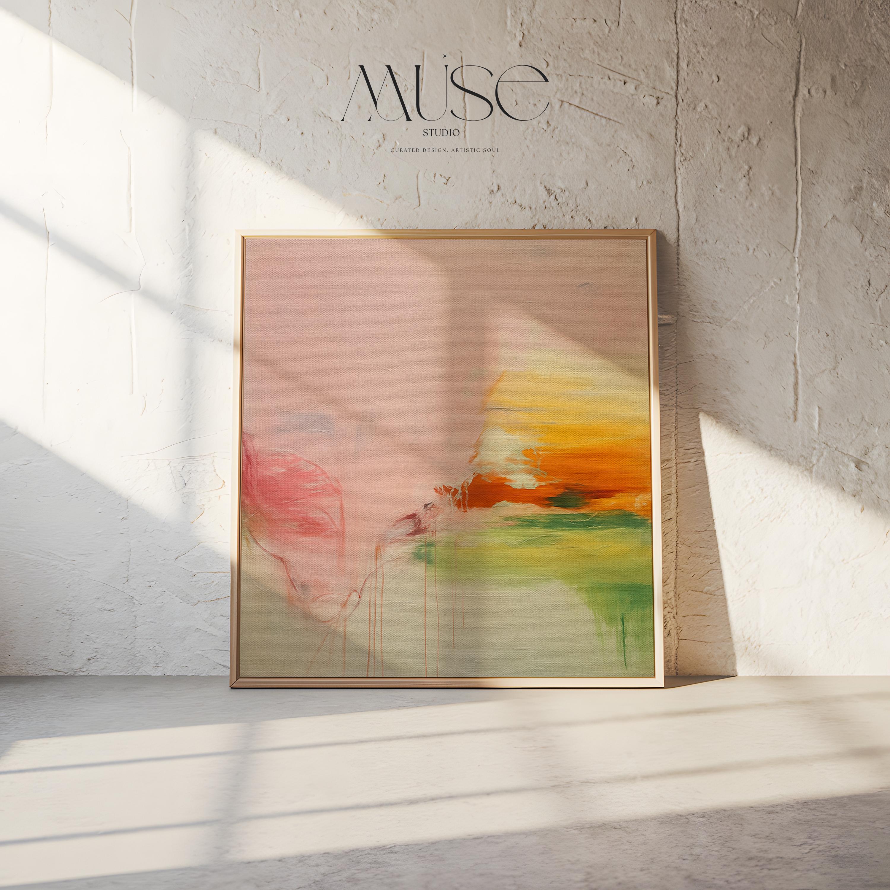 Square abstract wall art in blush pink, soft peach, golden ochre, and fresh green tones, featuring gentle painterly blends and subtle drips. Styled in a natural wood floater frame, the piece reflects soft contemporary and warm minimal design, ideal for bedrooms, living rooms, or calming modern interiors. Gallery-wrapped framed canvas by Muse Studio.