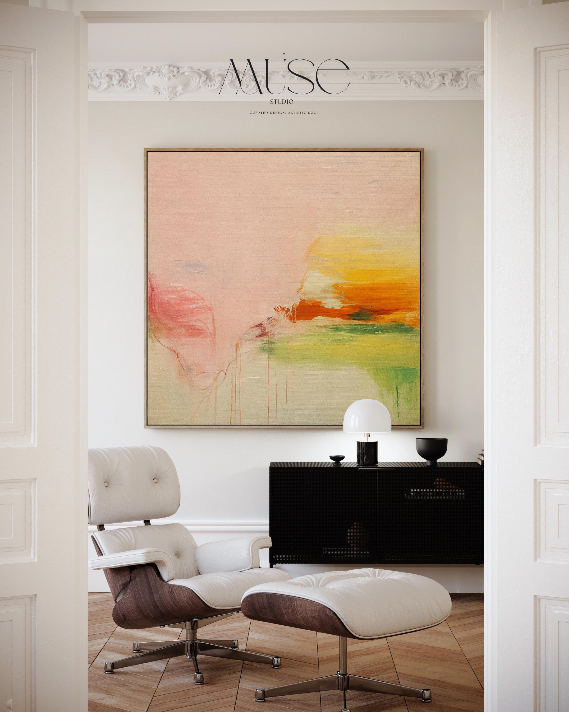 Square abstract wall art in blush pink, soft peach, golden ochre, and fresh green tones, featuring gentle painterly blends and subtle drips. Styled in a natural wood floater frame, the piece reflects soft contemporary and warm minimal design, ideal for bedrooms, living rooms, or calming modern interiors. Gallery-wrapped framed canvas by Muse Studio.