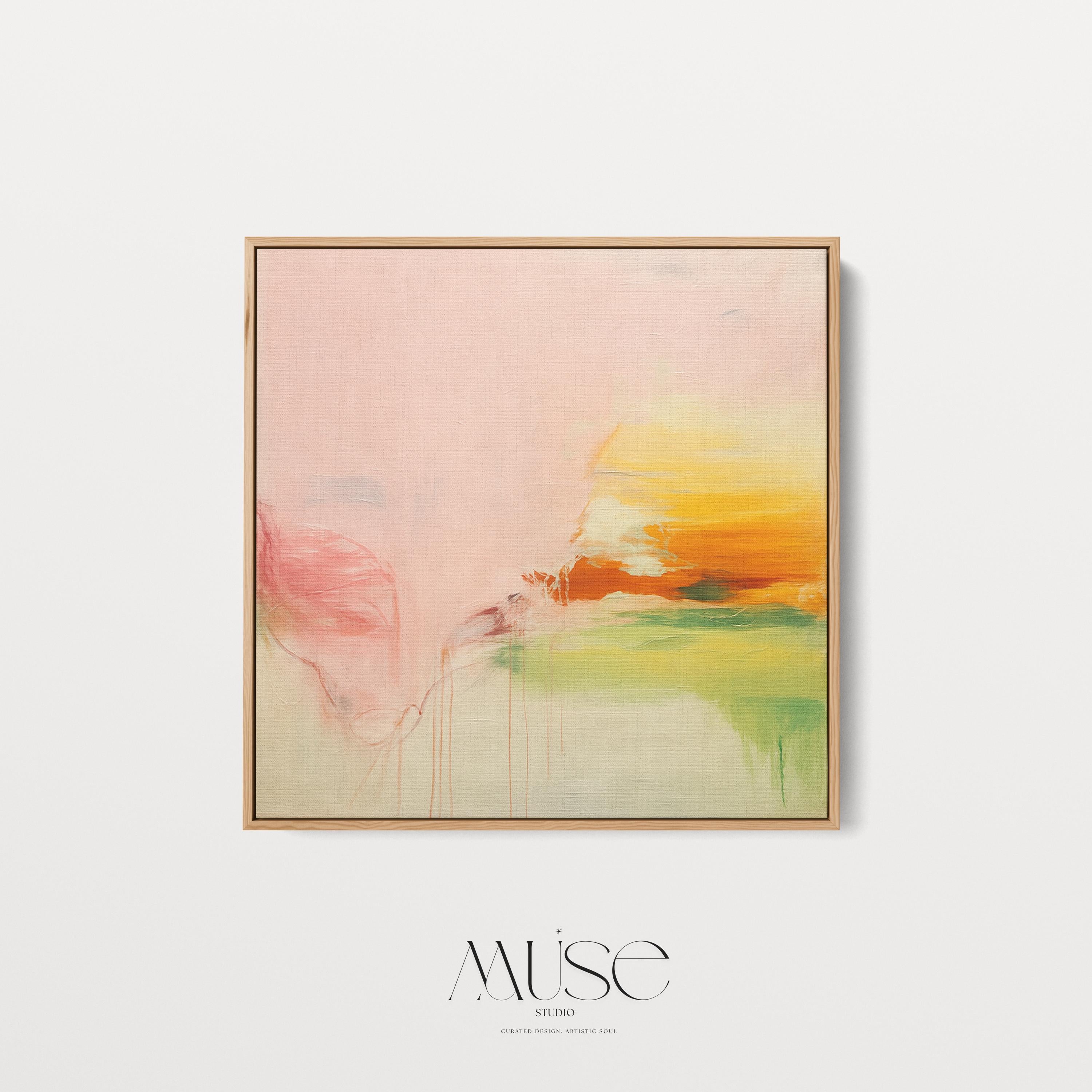 Square abstract wall art in blush pink, soft peach, golden ochre, and fresh green tones, featuring gentle painterly blends and subtle drips. Styled in a natural wood floater frame, the piece reflects soft contemporary and warm minimal design, ideal for bedrooms, living rooms, or calming modern interiors. Gallery-wrapped framed canvas by Muse Studio.