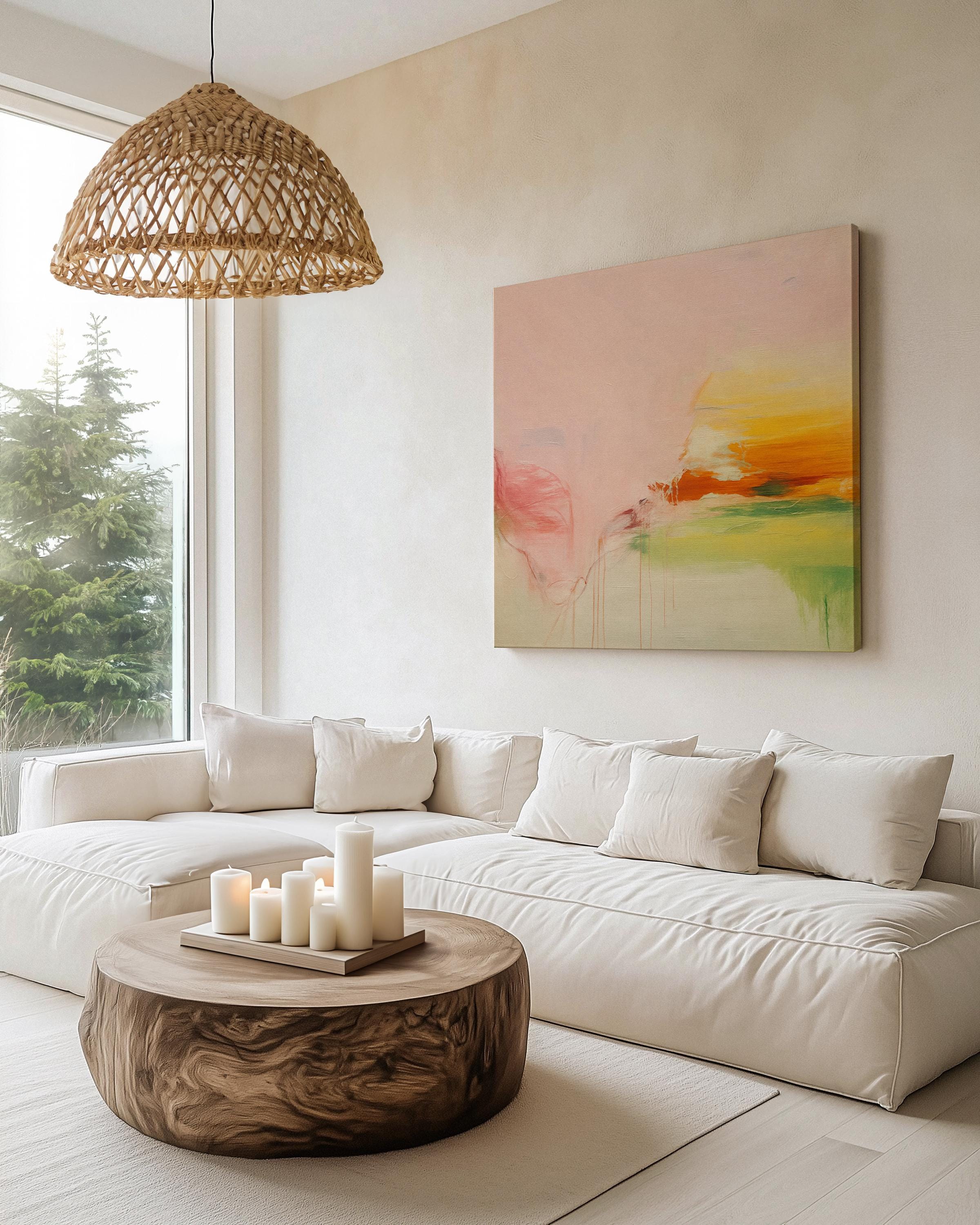 Square abstract wall art in blush pink, peach, golden ochre, and soft green tones with boho and soft contemporary styling. Features subtle painterly drips and blended textures, ideal for bedrooms, living rooms, or calming modern spaces. Available as gallery-wrapped or floater framed canvas by Muse Studio.
