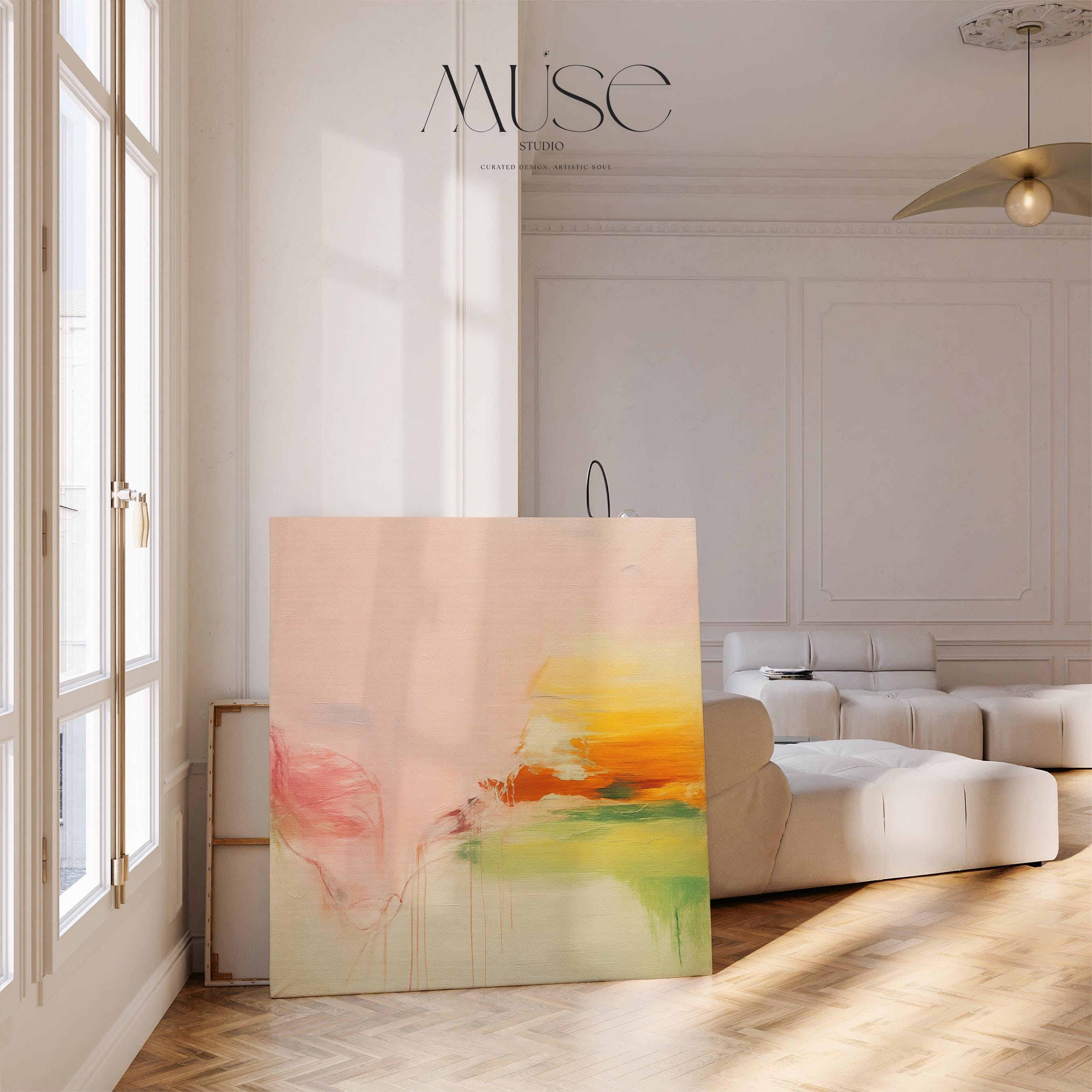 Square abstract wall art in blush, peach, and golden tones with soft contemporary and warm neutral styling. Ideal for bedrooms, spa-inspired spaces, or calm transitional interiors. Available as gallery-wrapped or floater framed canvas by Muse Studio.