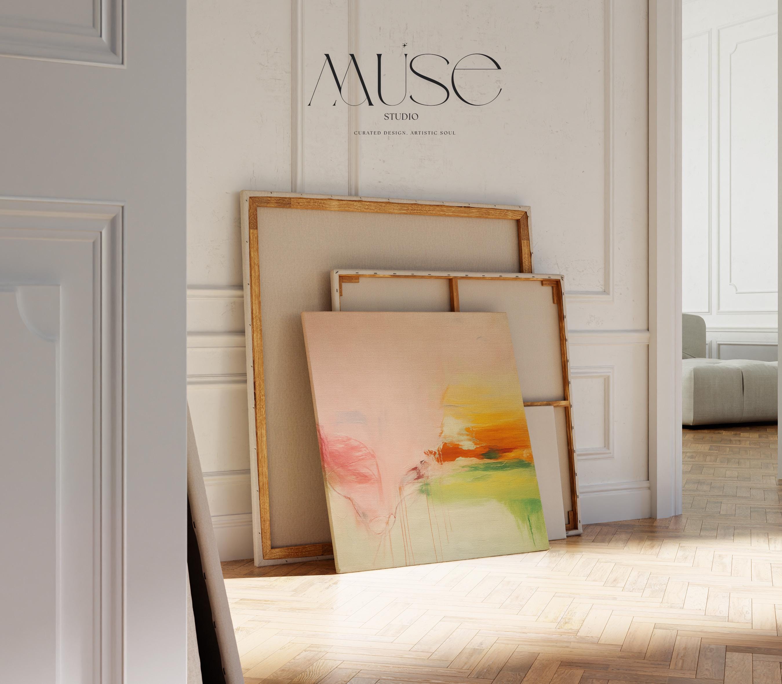 Square abstract wall art in blush, peach, and golden tones with soft contemporary and warm neutral styling. Ideal for bedrooms, spa-inspired spaces, or calm transitional interiors. Available as gallery-wrapped or floater framed canvas by Muse Studio.