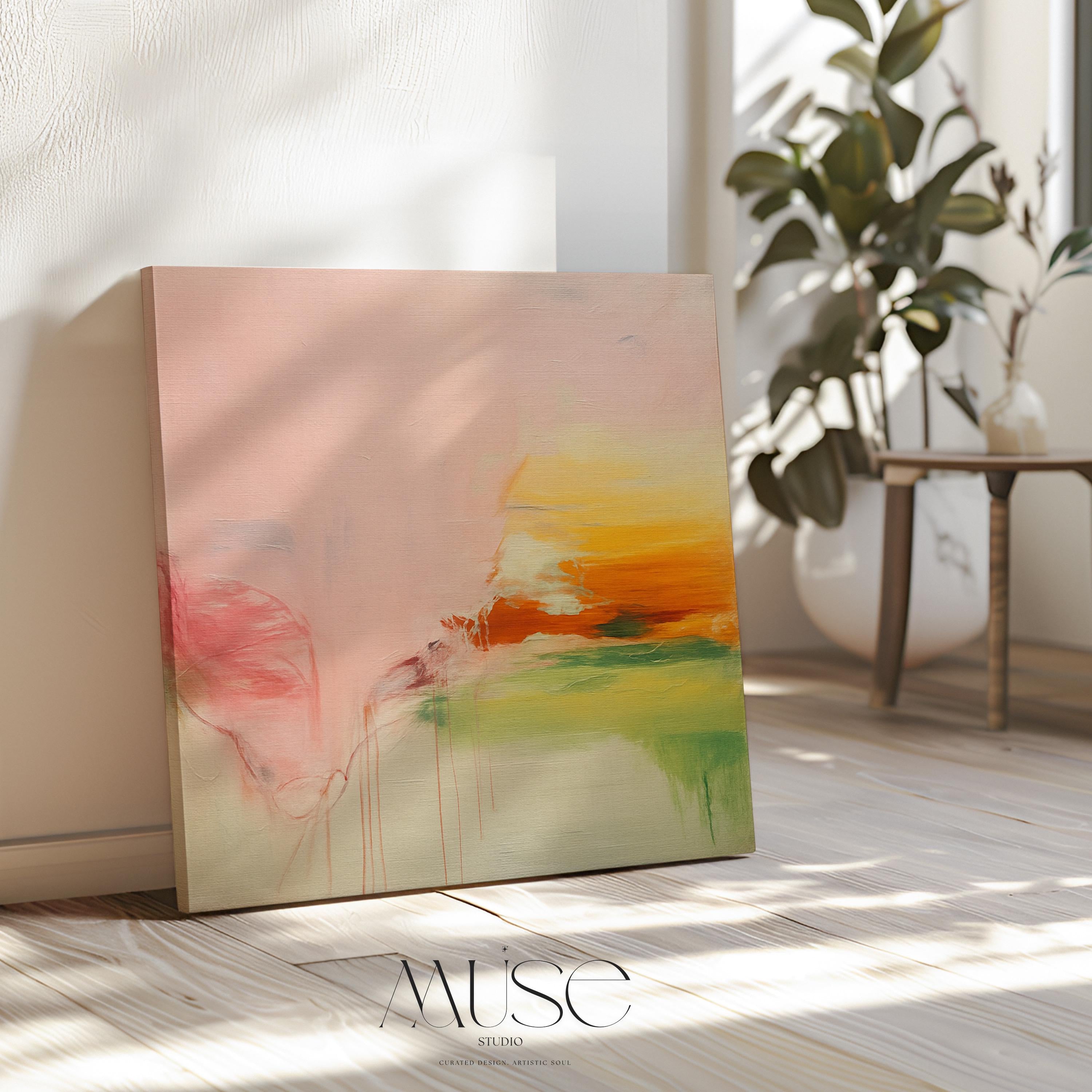 Square abstract wall art in blush, peach, and golden tones with soft contemporary and warm neutral styling. Ideal for bedrooms, spa-inspired spaces, or calm transitional interiors. Available as gallery-wrapped or floater framed canvas by Muse Studio.