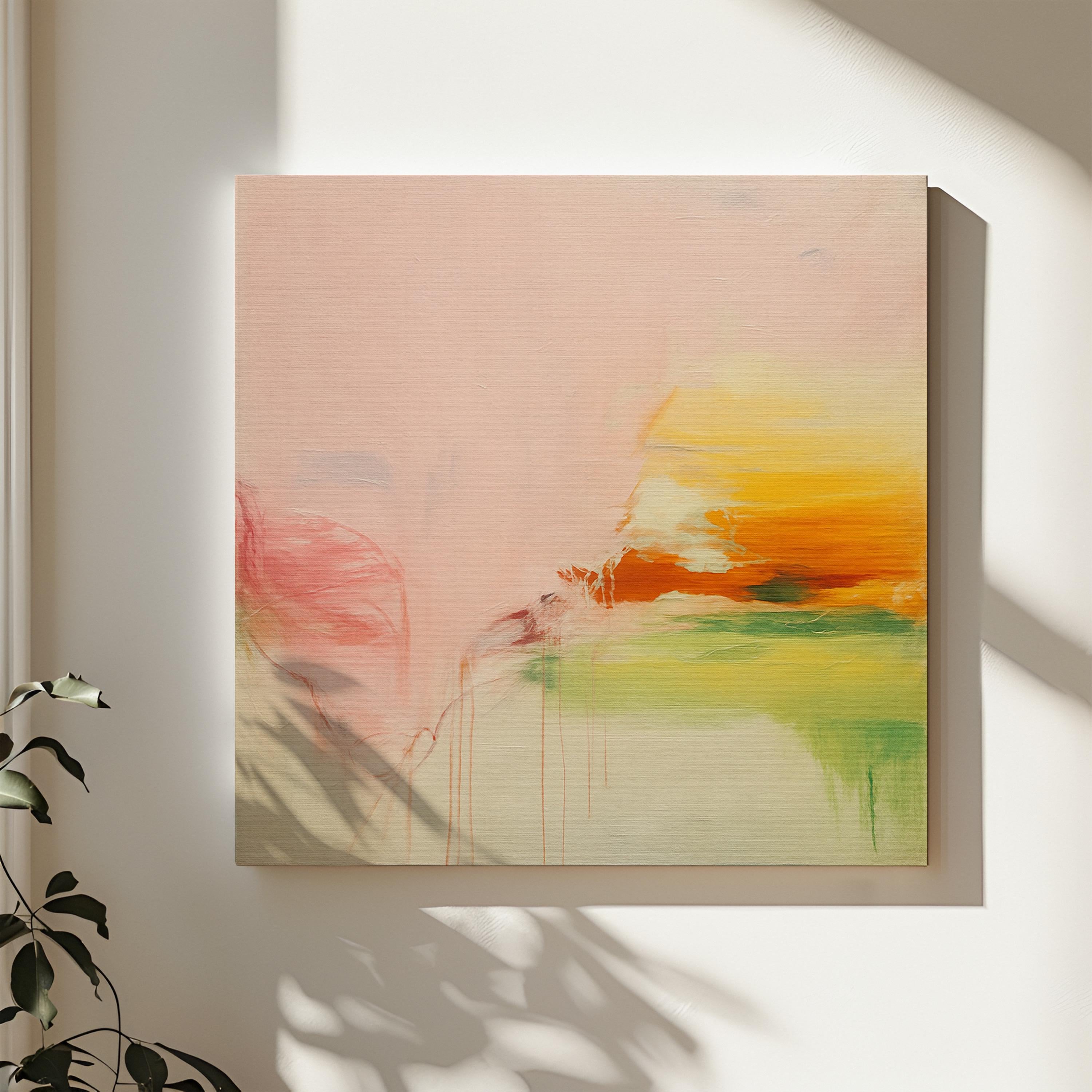 Square abstract wall art in blush, peach, and golden tones with soft contemporary and warm neutral styling. Ideal for bedrooms, spa-inspired spaces, or calm transitional interiors. Available as gallery-wrapped or floater framed canvas by Muse Studio.