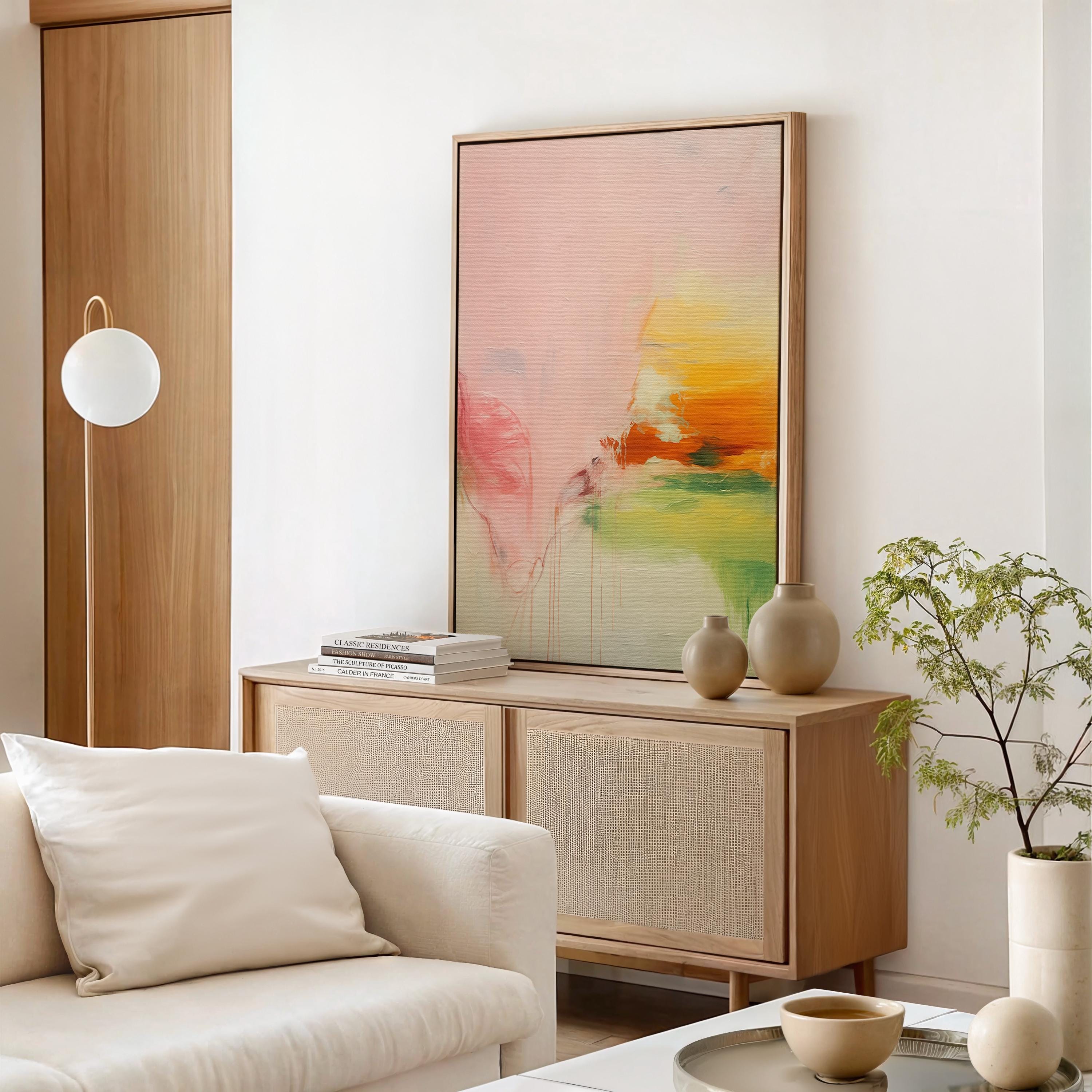 Vertical framed abstract wall art in blush, peach, and golden tones with soft contemporary and warm neutral styling. Features subtle pastel transitions, ideal for bedrooms, living rooms, or wellness interiors. Premium floater framed canvas by Muse Studio.
