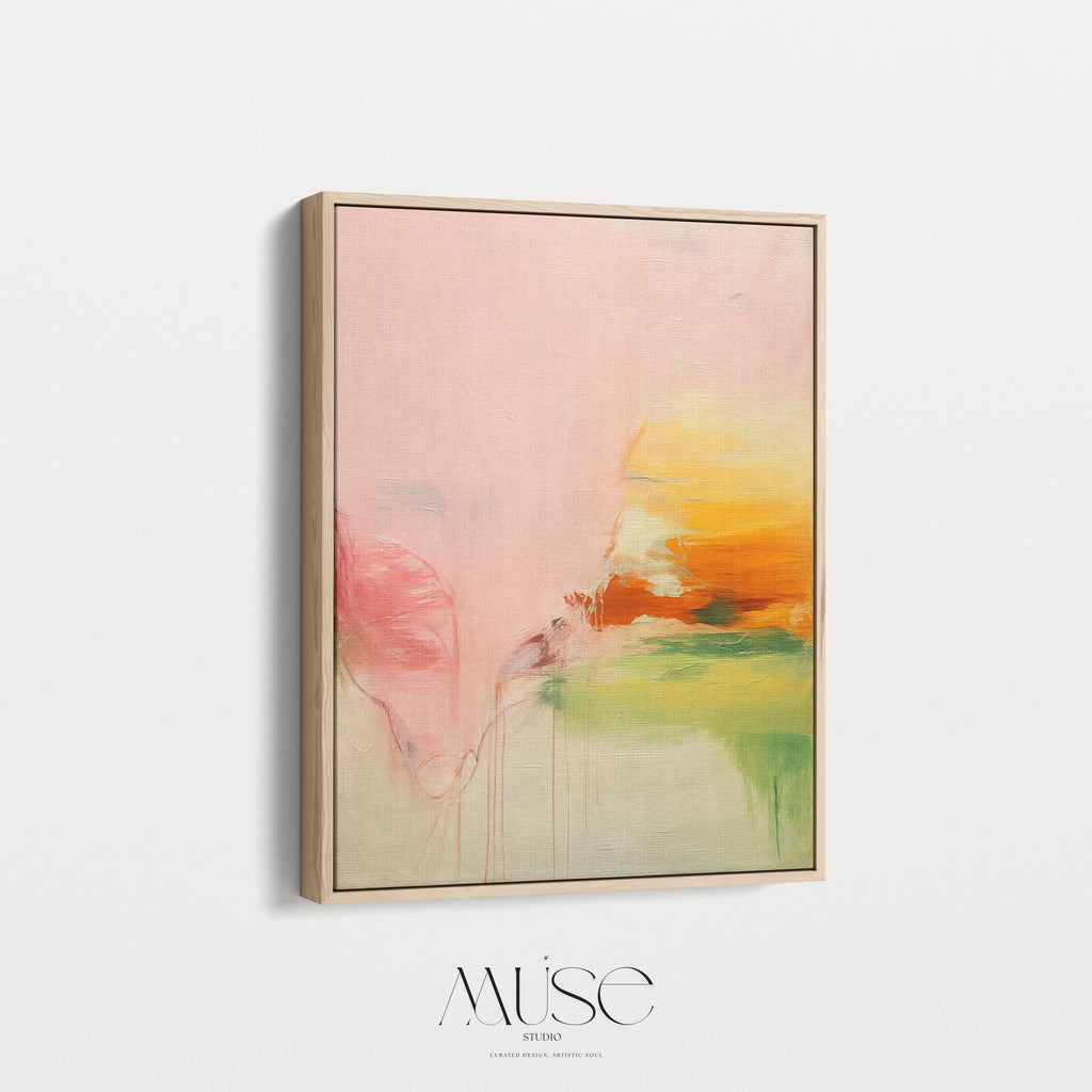 Vertical framed abstract wall art in blush, peach, and golden tones with soft contemporary and warm neutral styling. Features subtle pastel transitions, ideal for bedrooms, living rooms, or wellness interiors. Premium floater framed canvas by Muse Studio.